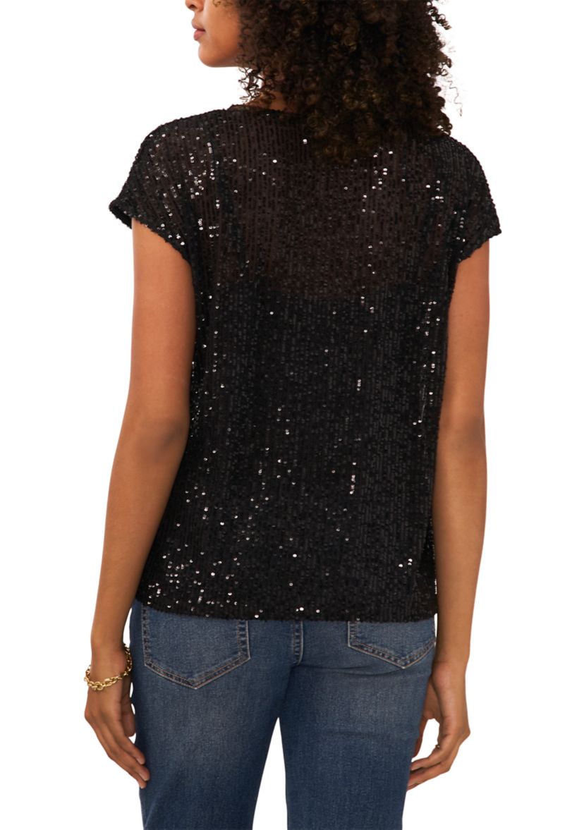 Womens Short Sleeve V-Neck Sequin T-Shirt