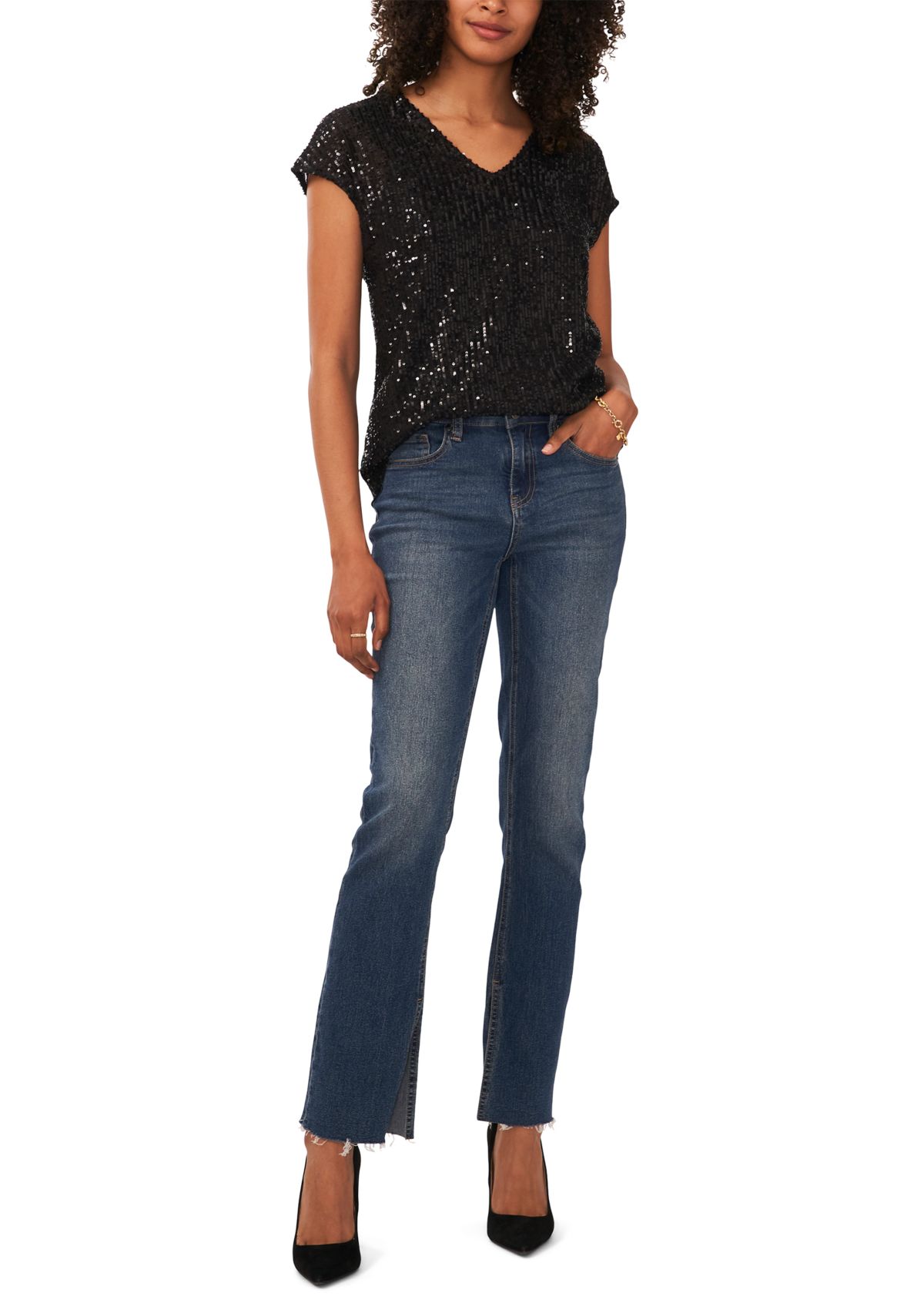 Womens Short Sleeve V-Neck Sequin T-Shirt