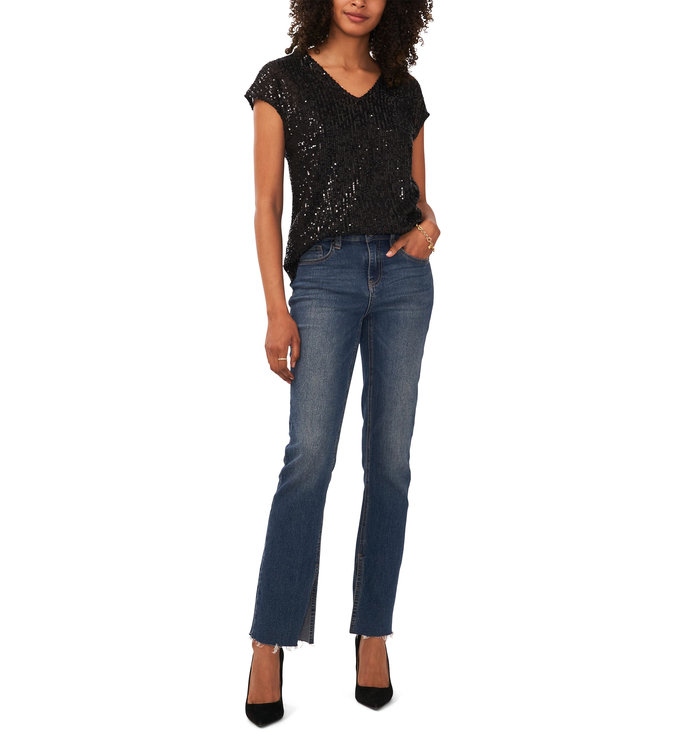 Womens Short Sleeve V-Neck Sequin T-Shirt