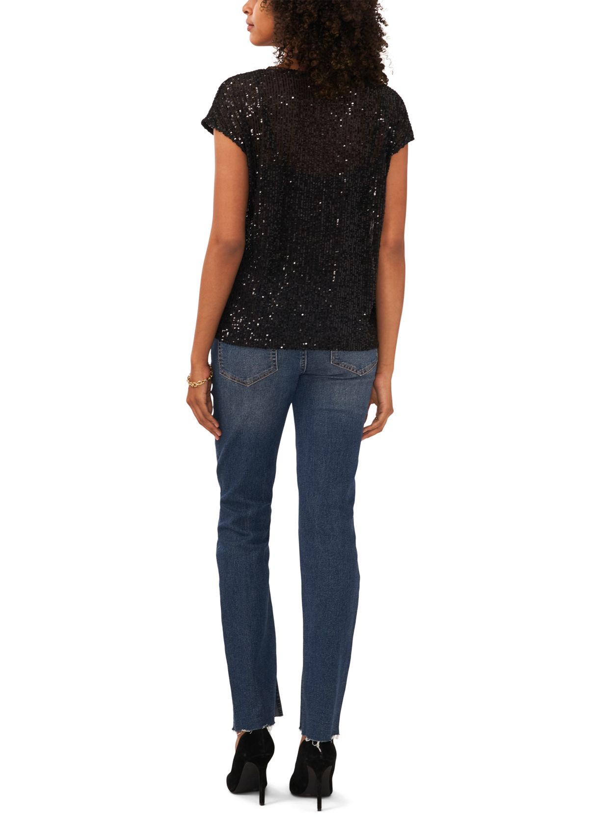 Womens Short Sleeve V-Neck Sequin T-Shirt