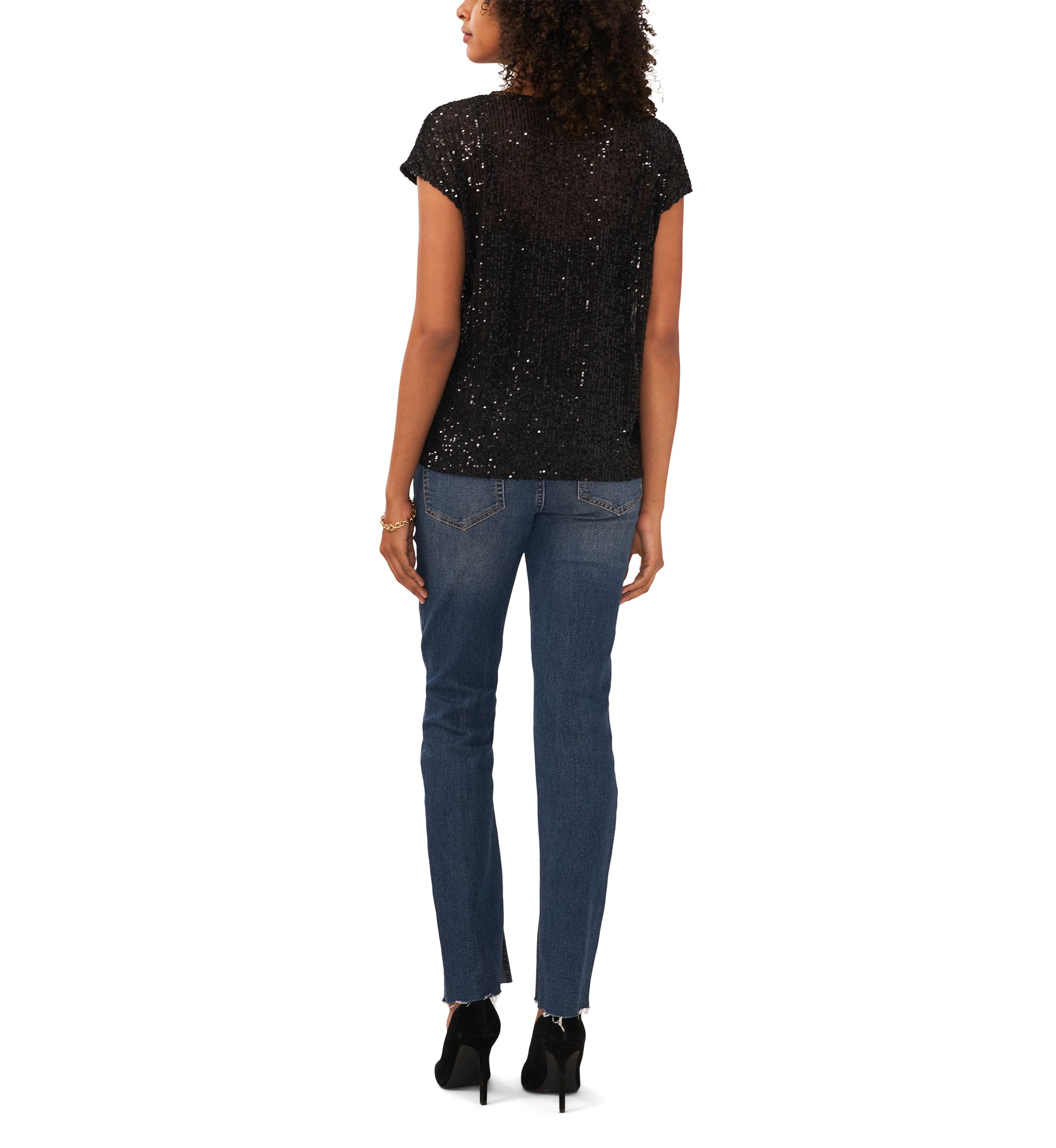 Womens Short Sleeve V-Neck Sequin T-Shirt