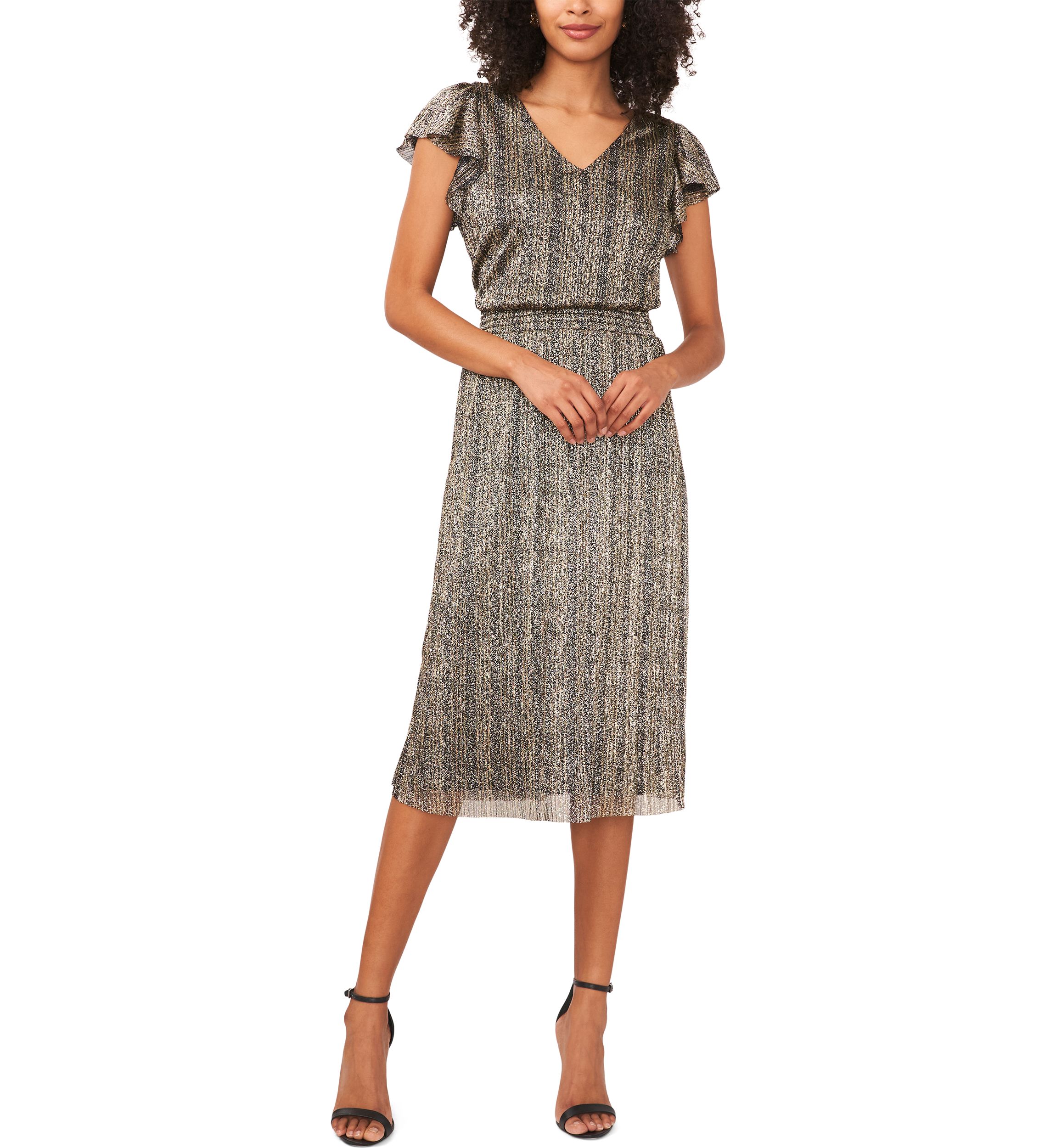 Womens Flutter Sleeve Foil Print Midi Dress