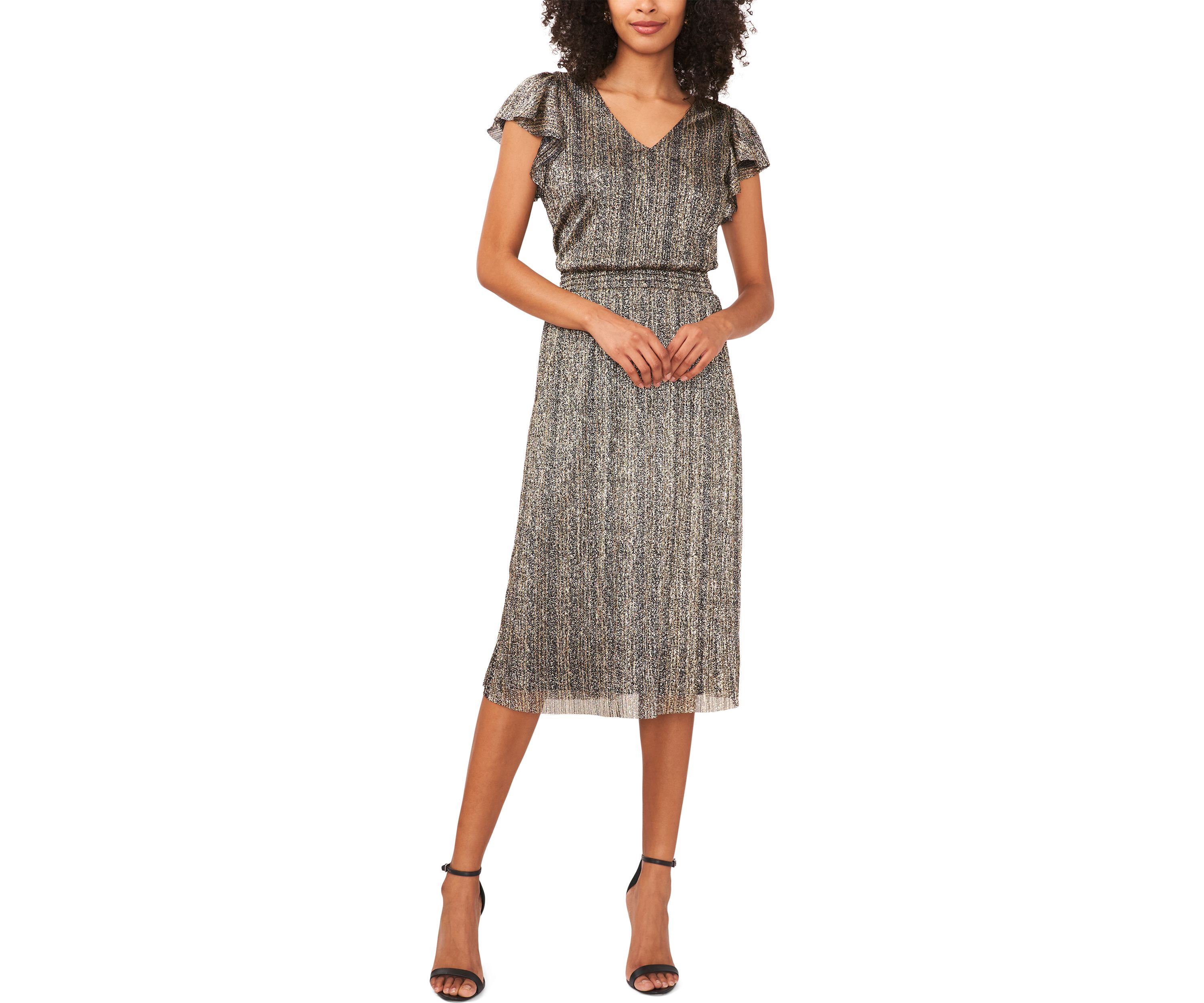 Womens Flutter Sleeve Foil Print Midi Dress