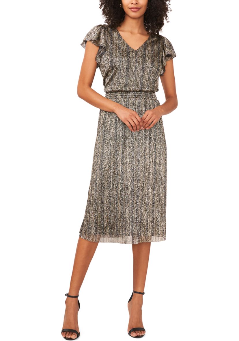 Womens Flutter Sleeve Foil Print Midi Dress