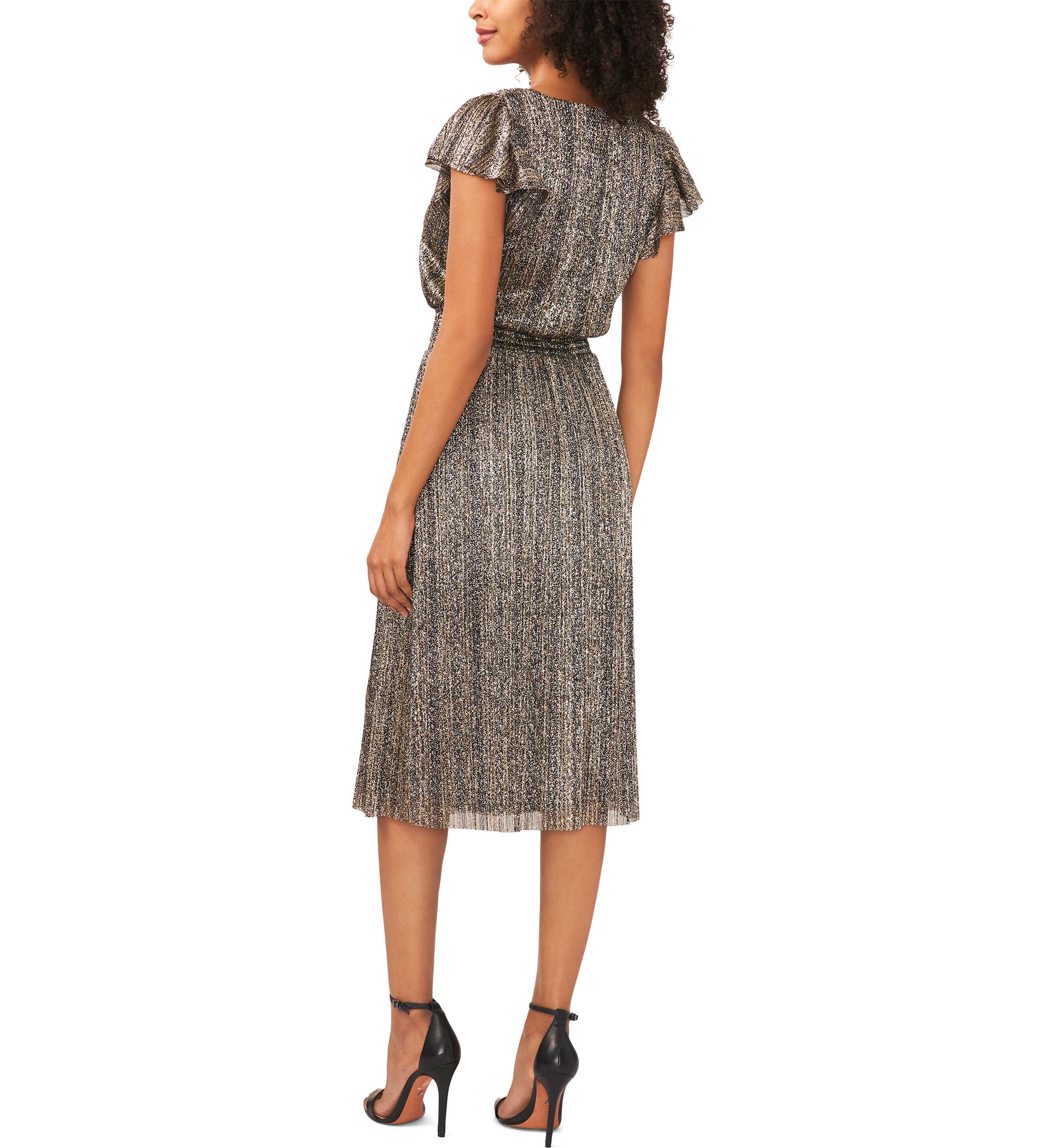 Womens Flutter Sleeve Foil Print Midi Dress