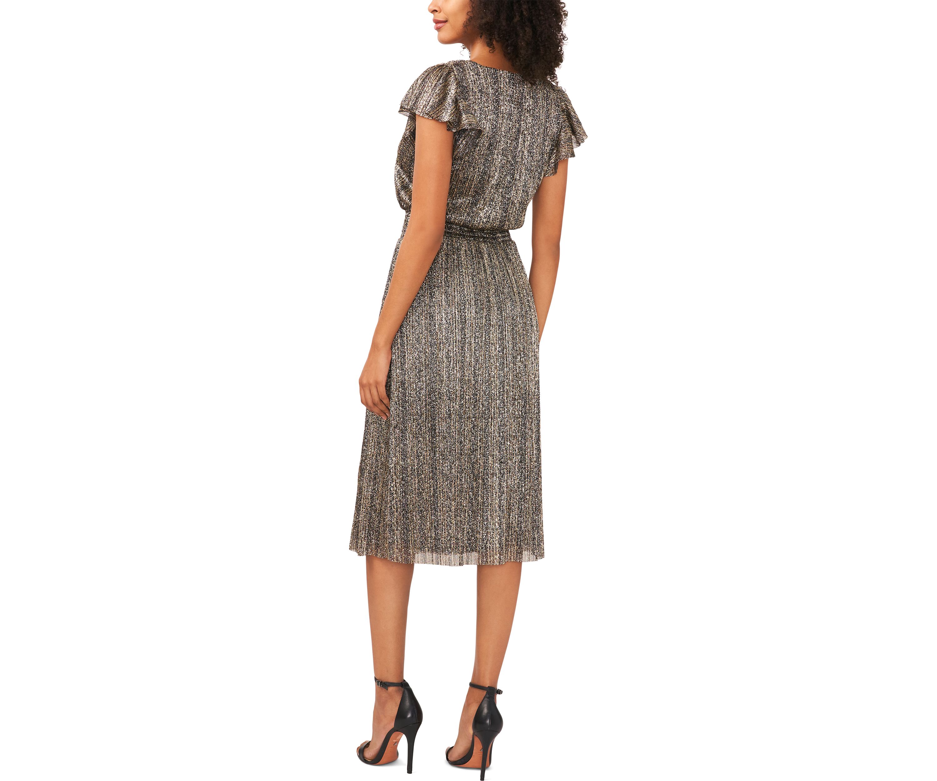 Womens Flutter Sleeve Foil Print Midi Dress