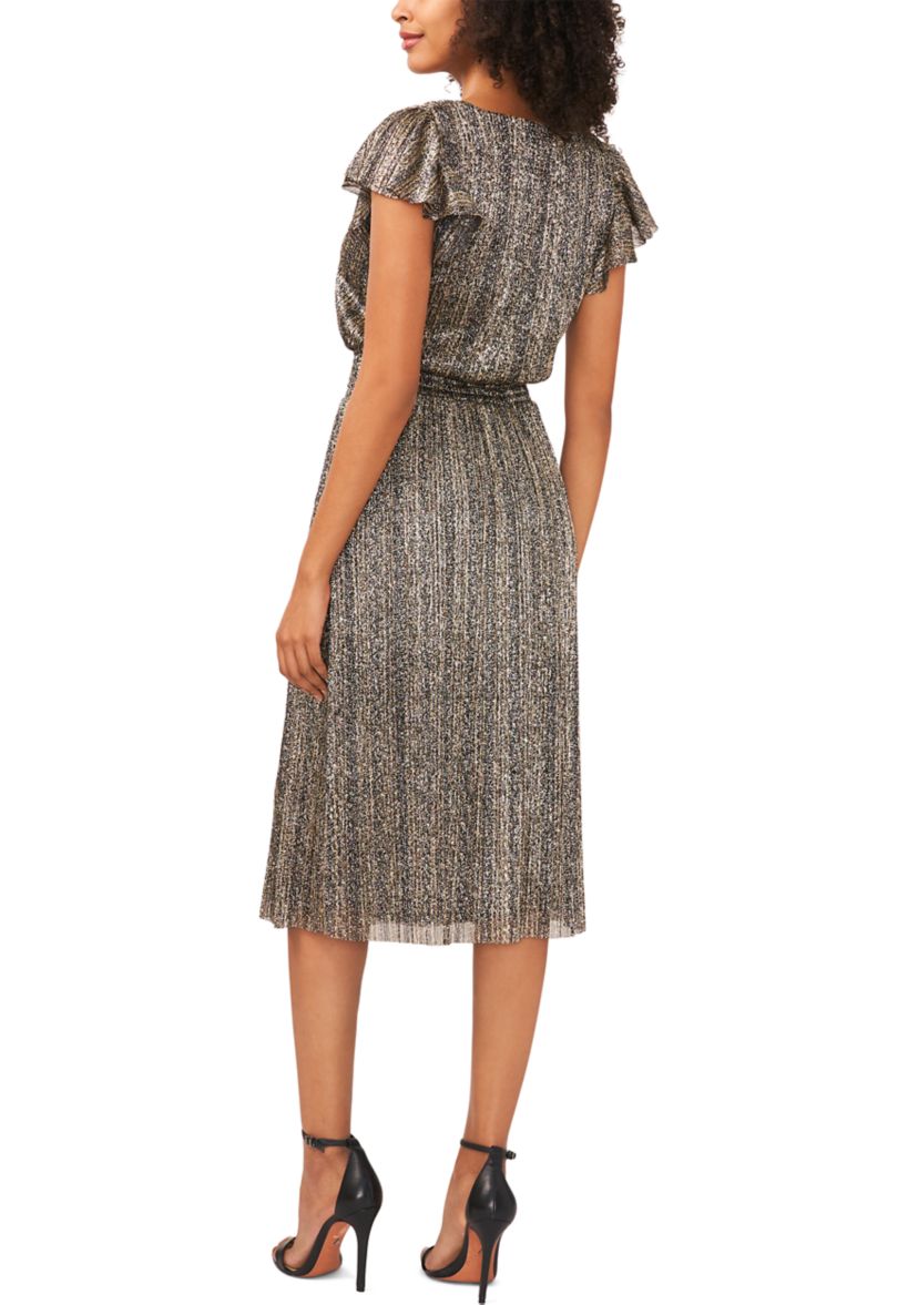 Womens Flutter Sleeve Foil Print Midi Dress