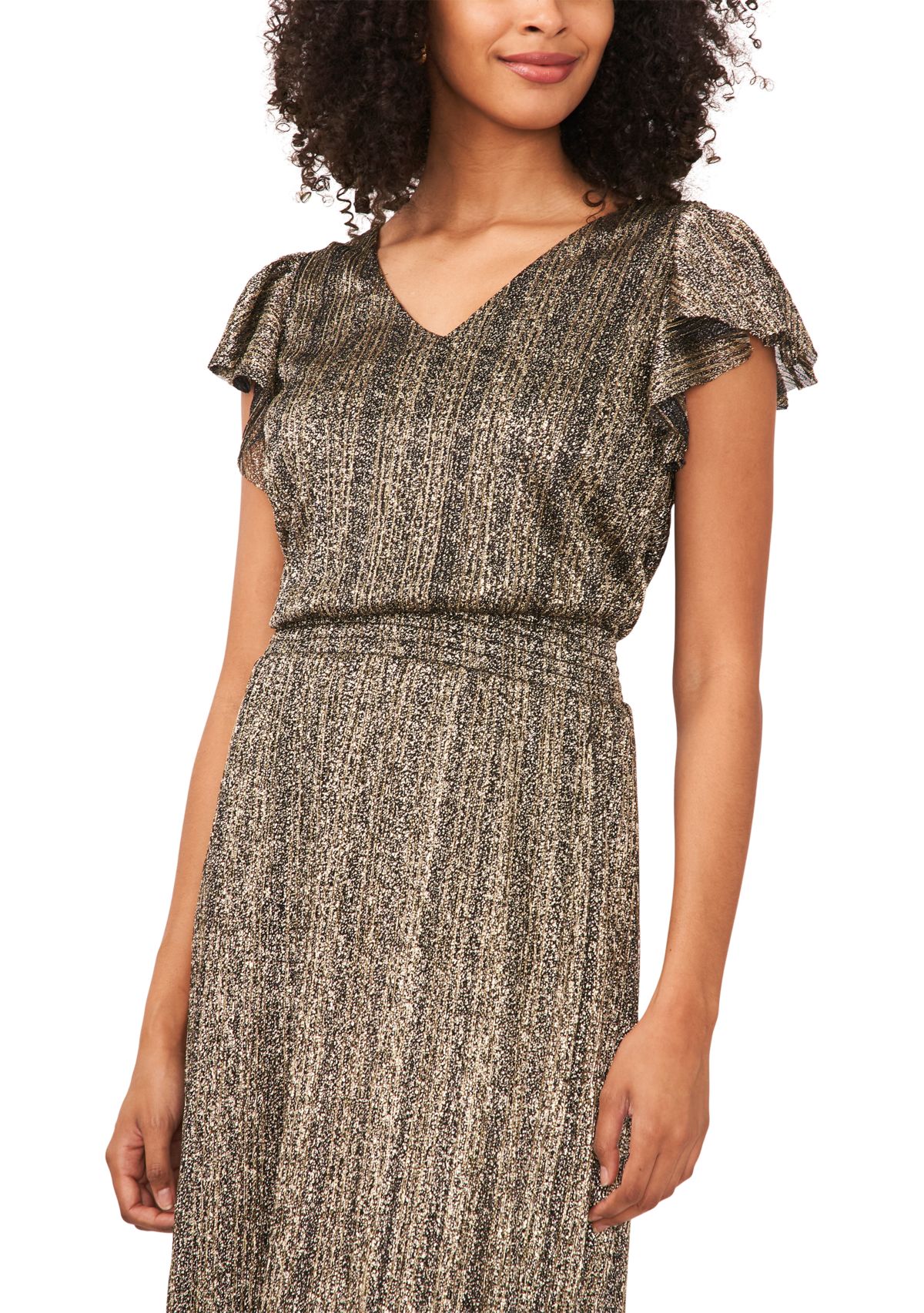 Womens Flutter Sleeve Foil Print Midi Dress