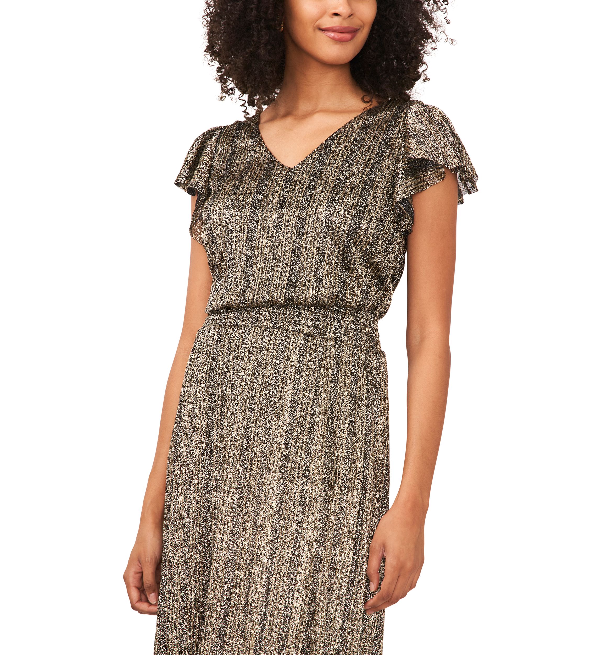 Womens Flutter Sleeve Foil Print Midi Dress
