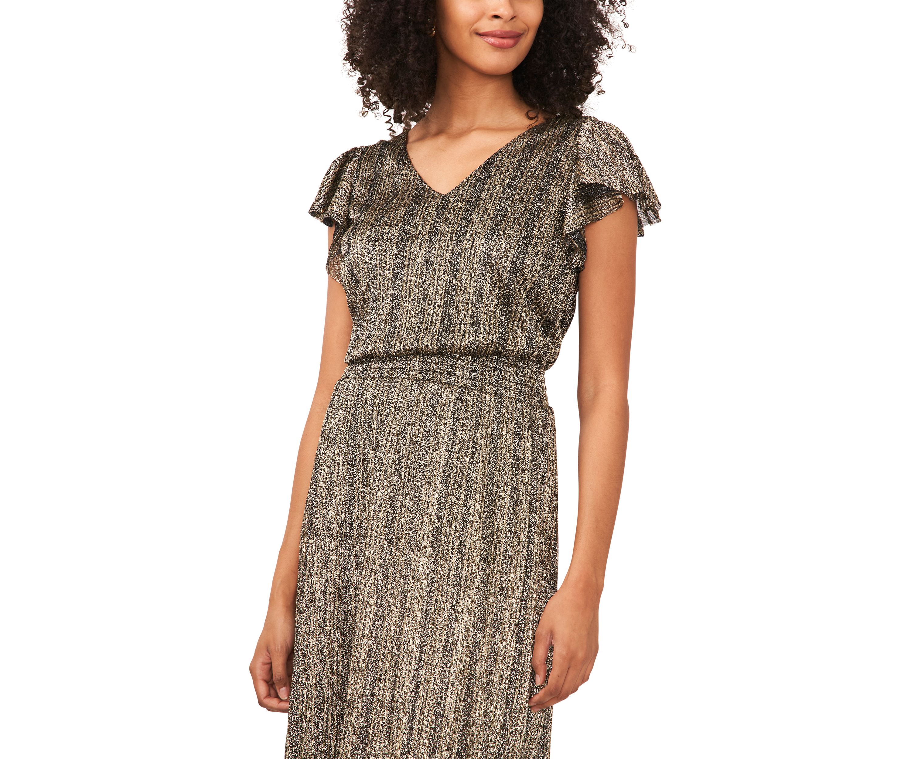 Womens Flutter Sleeve Foil Print Midi Dress