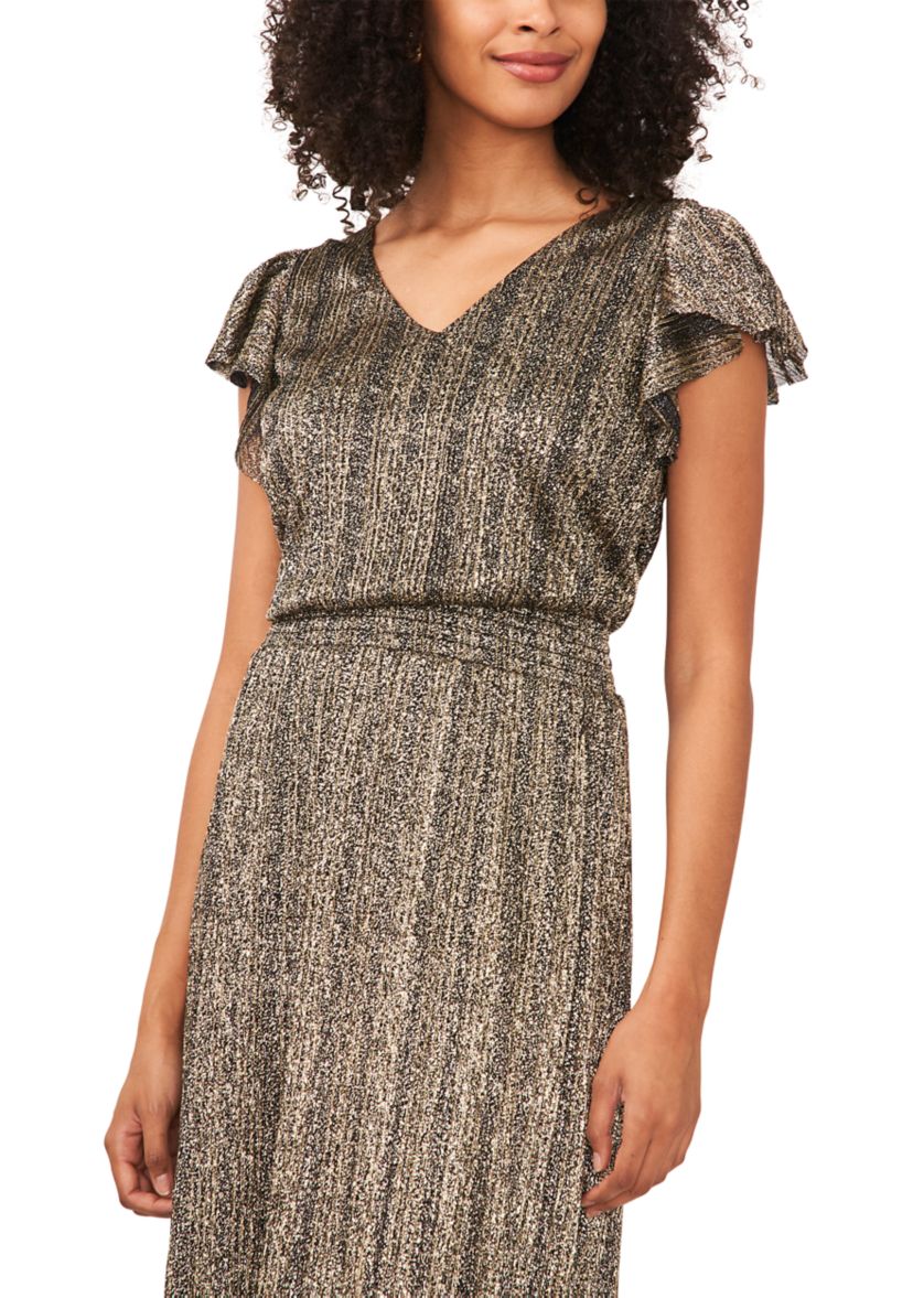 Womens Flutter Sleeve Foil Print Midi Dress