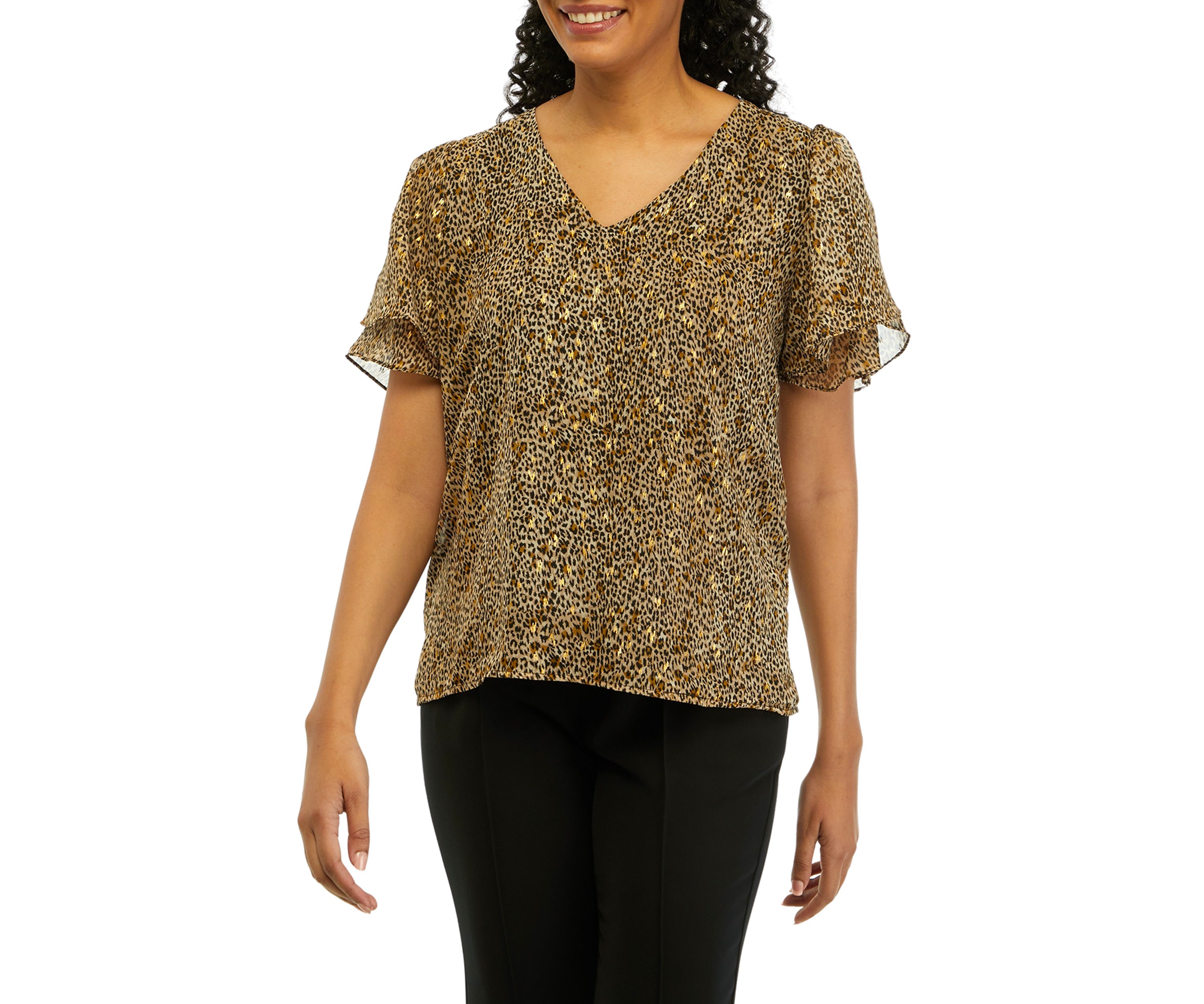 Womens Flutter Sleeve Animal Print Blouse