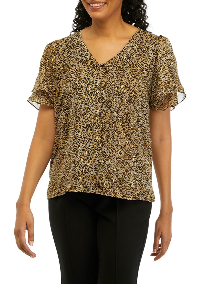 Womens Flutter Sleeve Animal Print Blouse