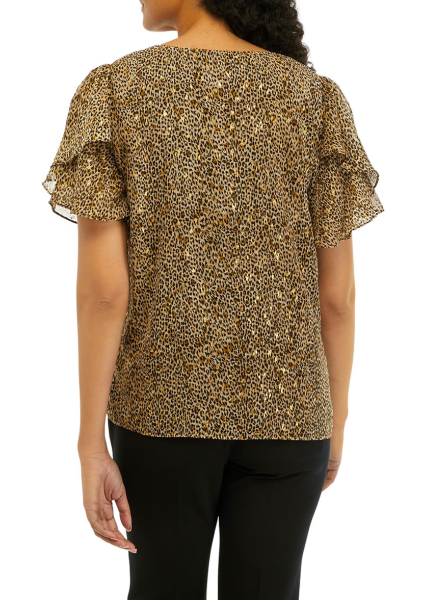Womens Flutter Sleeve Animal Print Blouse