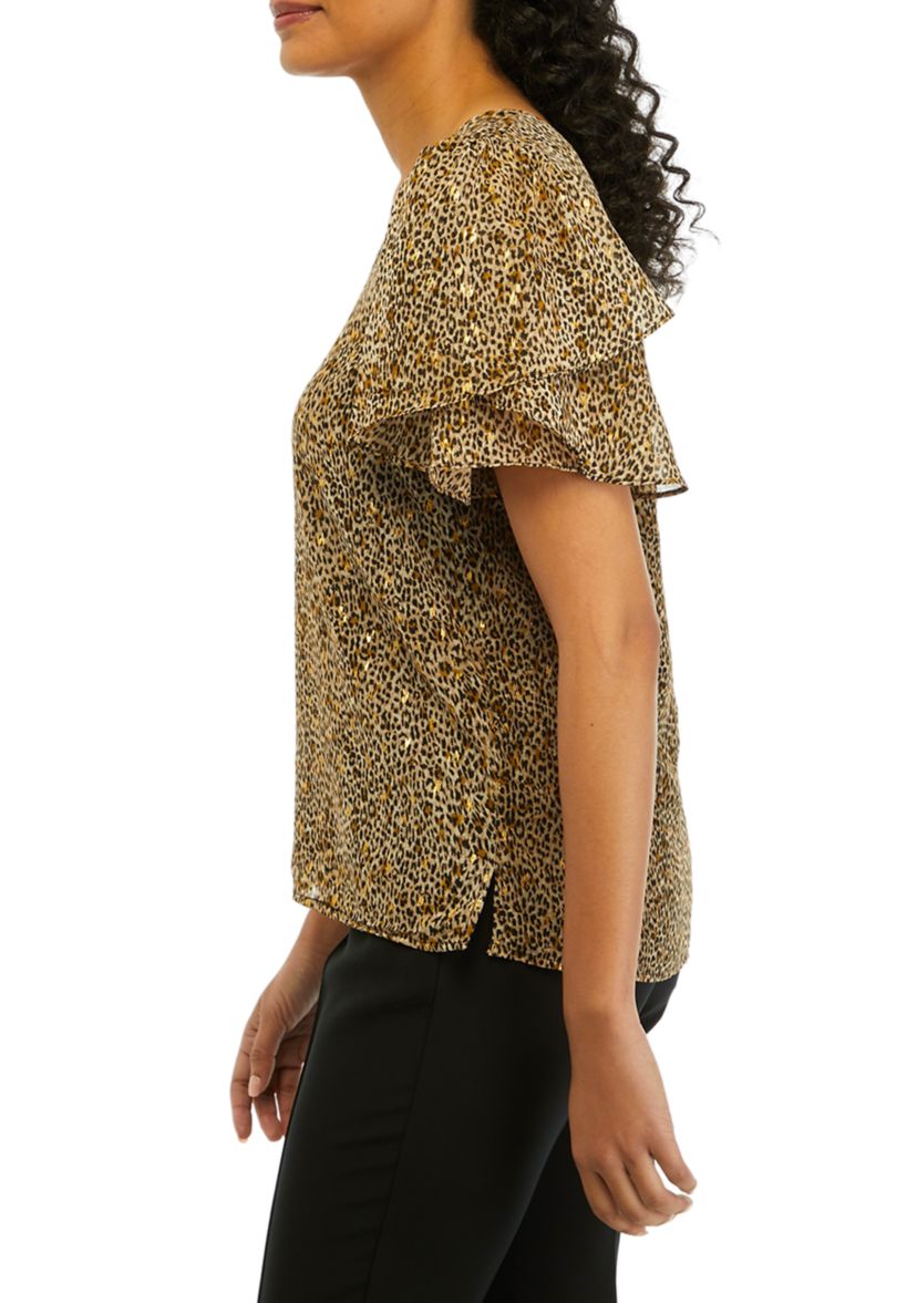Womens Flutter Sleeve Animal Print Blouse