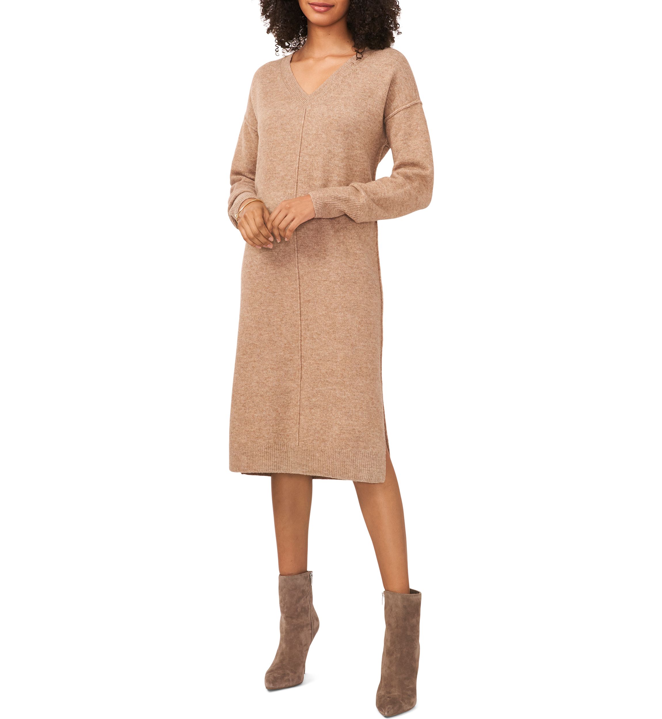 Womens Long Sleeve V-Neck Sweater Dress
