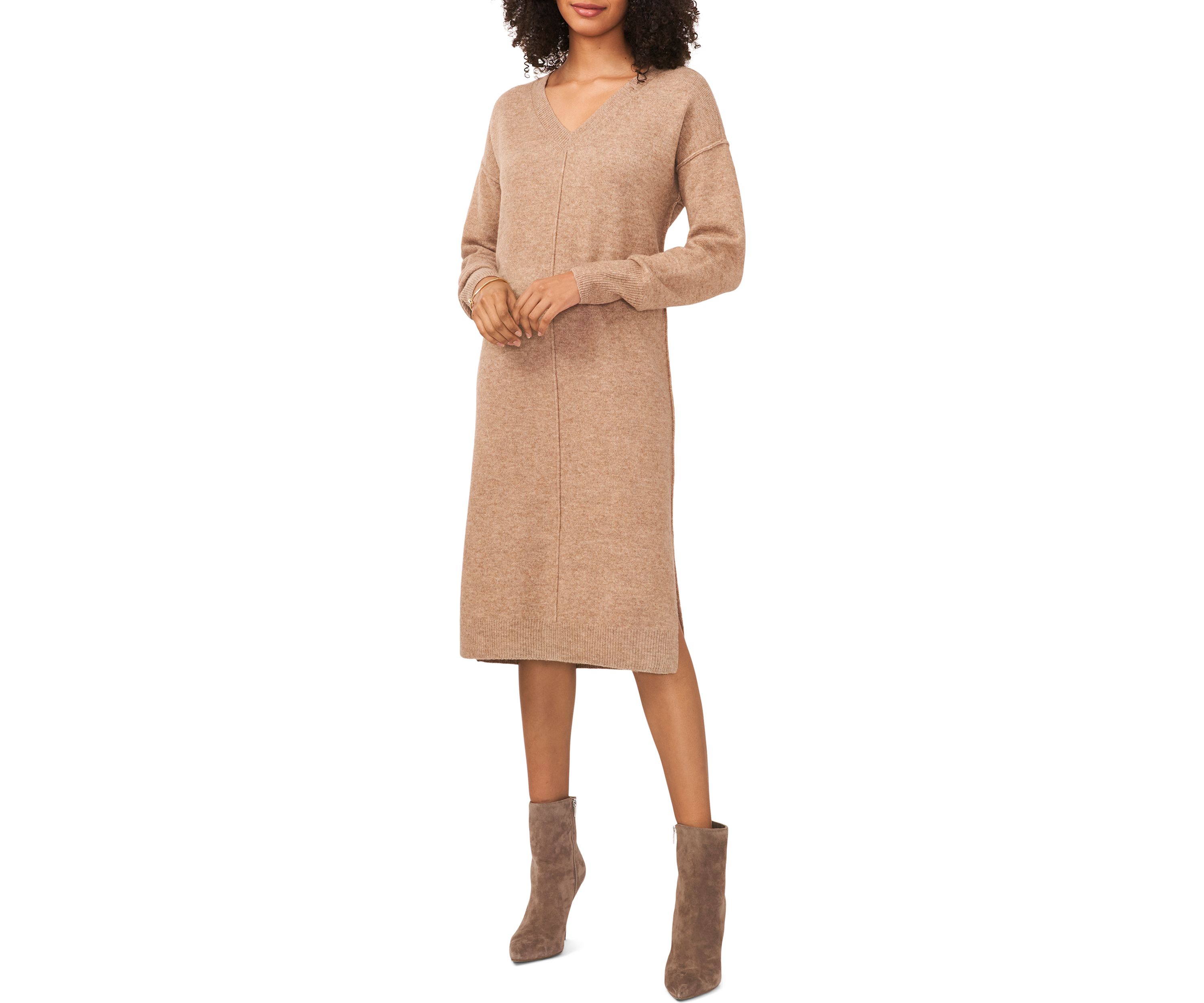 Womens Long Sleeve V-Neck Sweater Dress