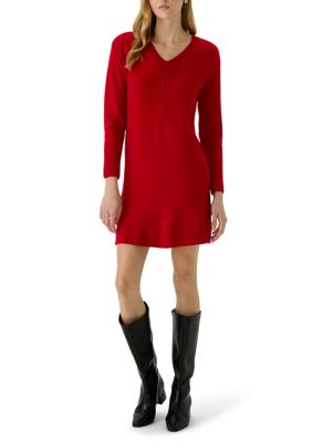 Vince Camuto Women's Long Sleeve V-Neck Sweater Dress, Red, XS