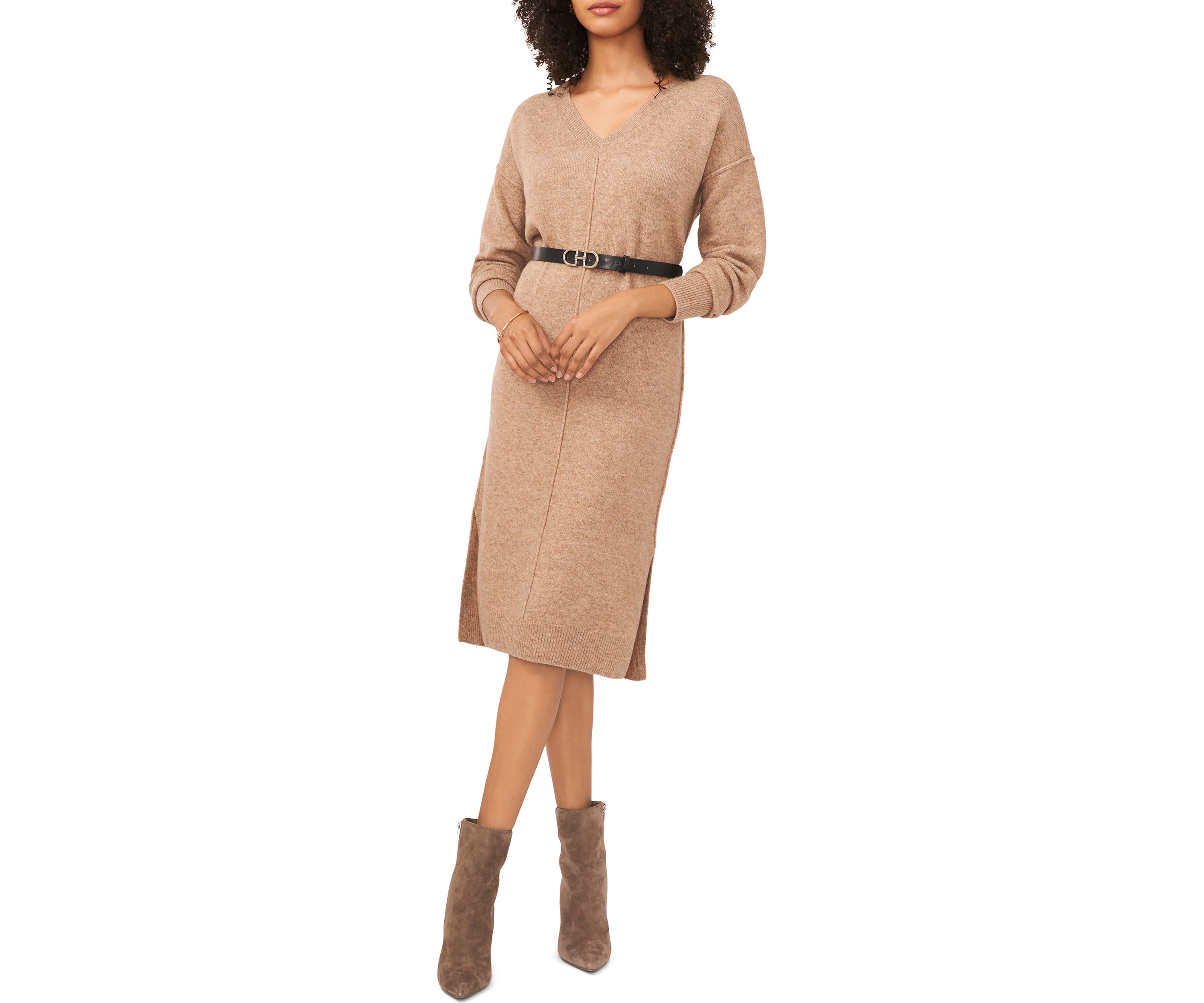 Womens Long Sleeve V-Neck Sweater Dress