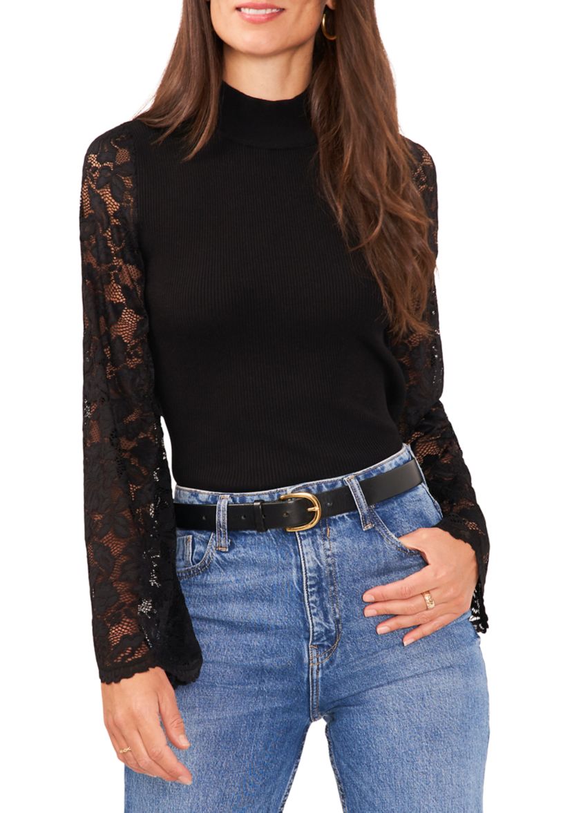 Womens Lace Long Sleeve Mock Neck Sweater