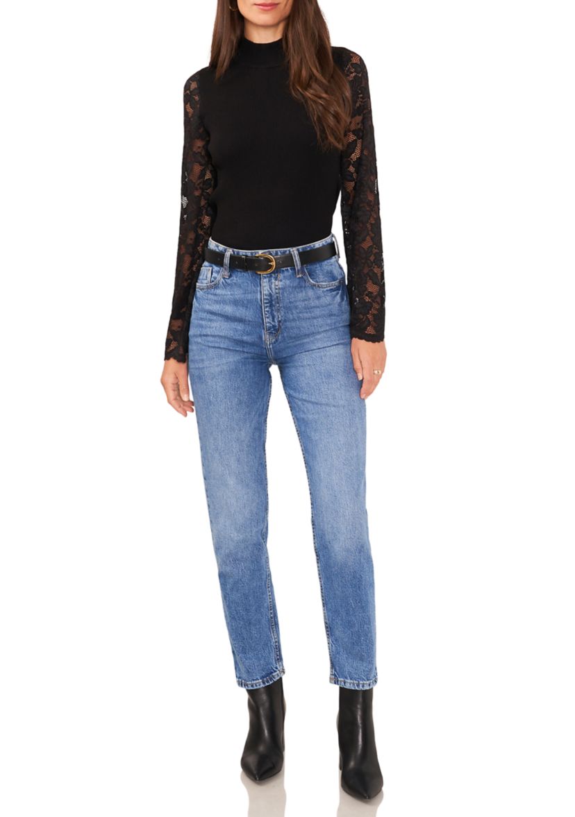 Womens Lace Long Sleeve Mock Neck Sweater