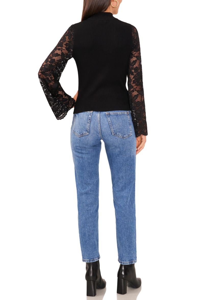 Womens Lace Long Sleeve Mock Neck Sweater