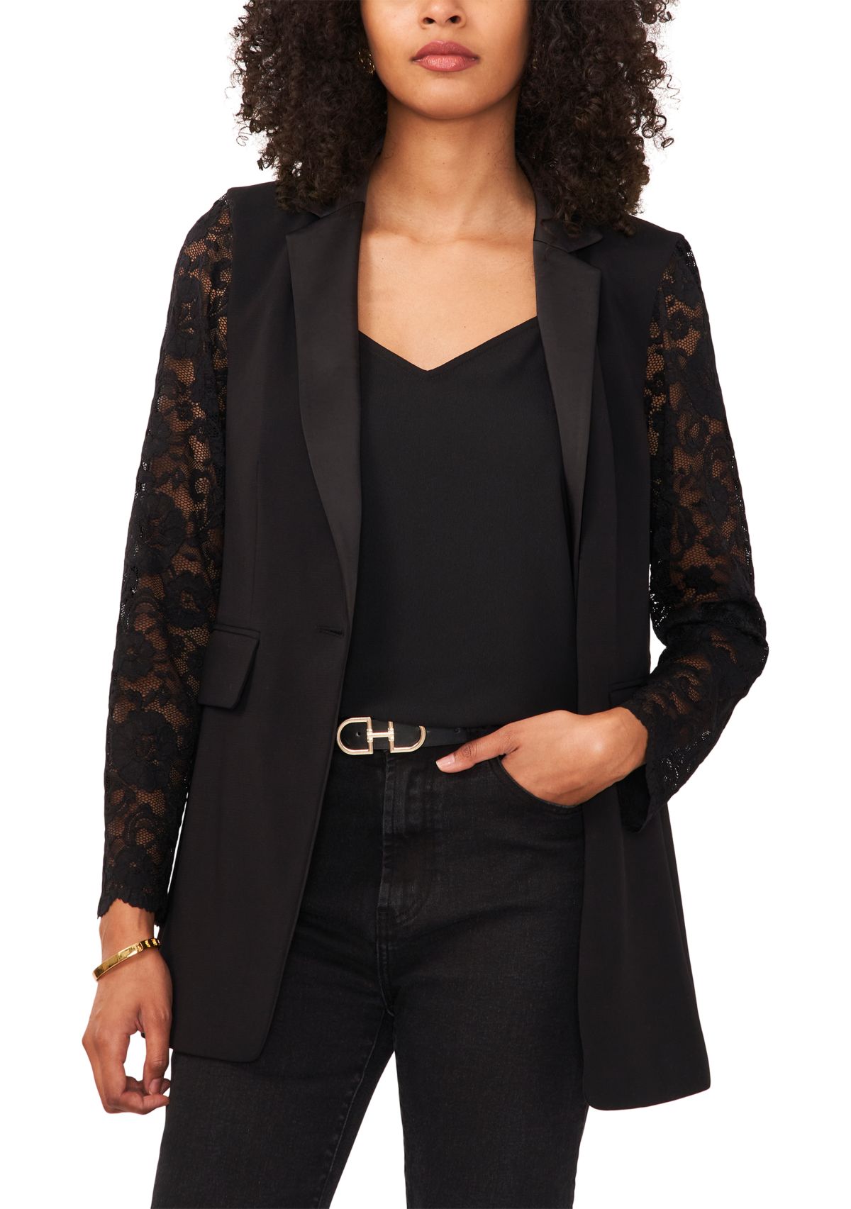 Womens Lace Sleeve Notch Collar Blazer 