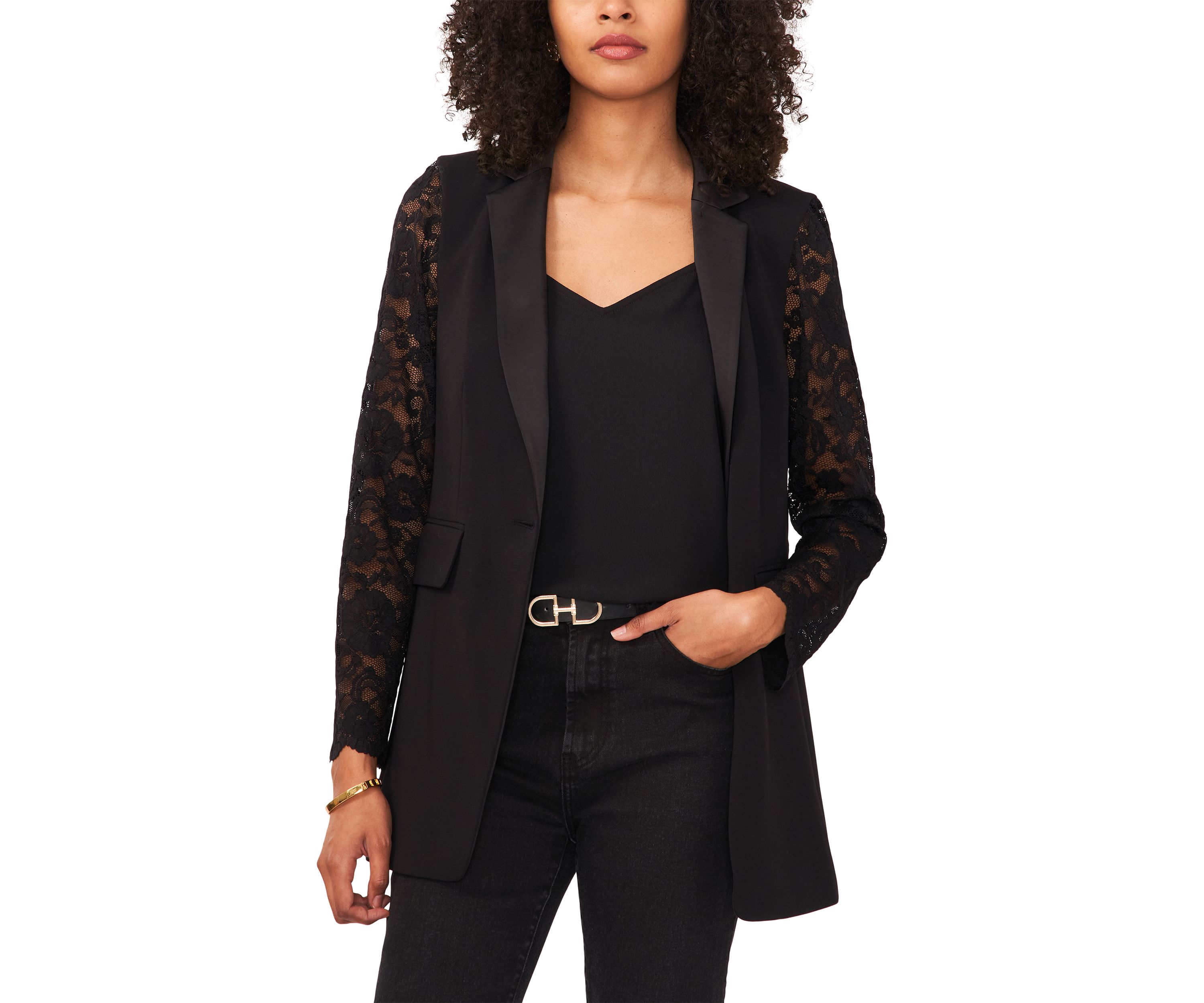 Womens Lace Sleeve Notch Collar Blazer 