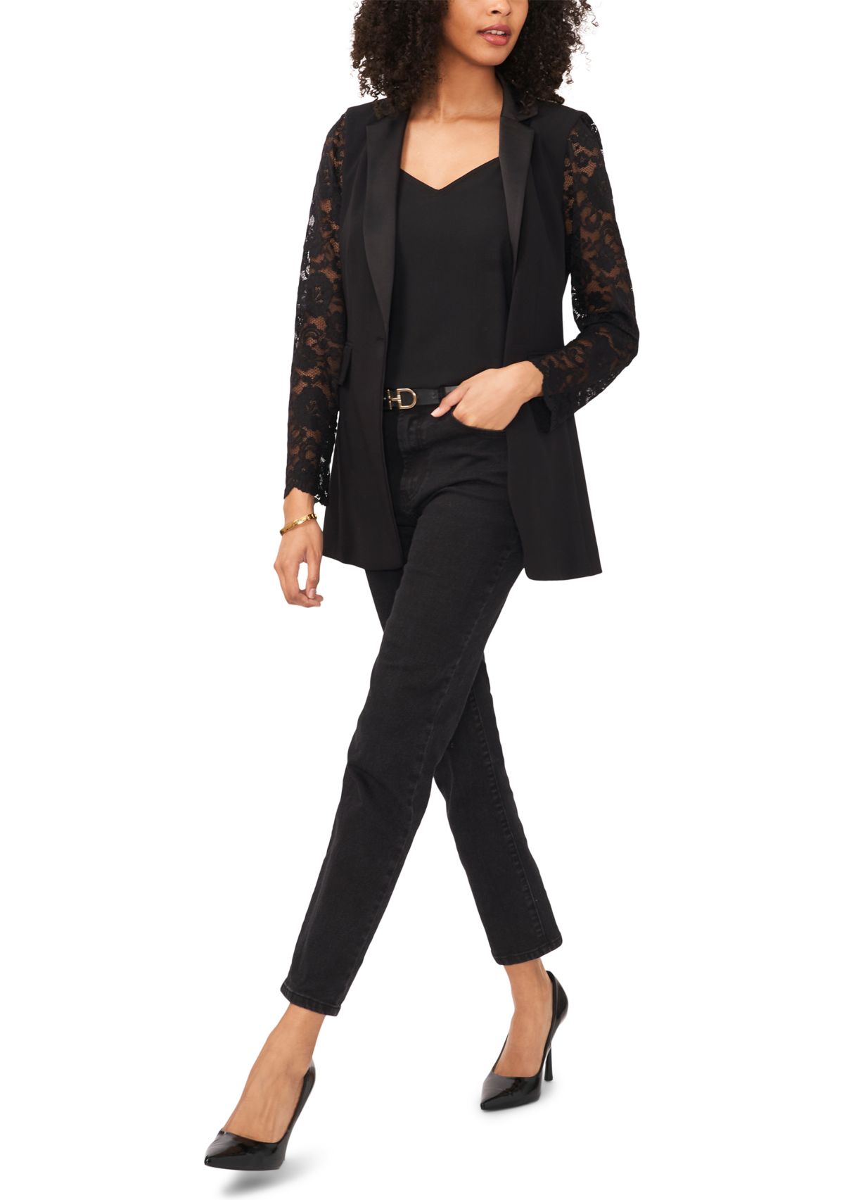 Womens Lace Sleeve Notch Collar Blazer 