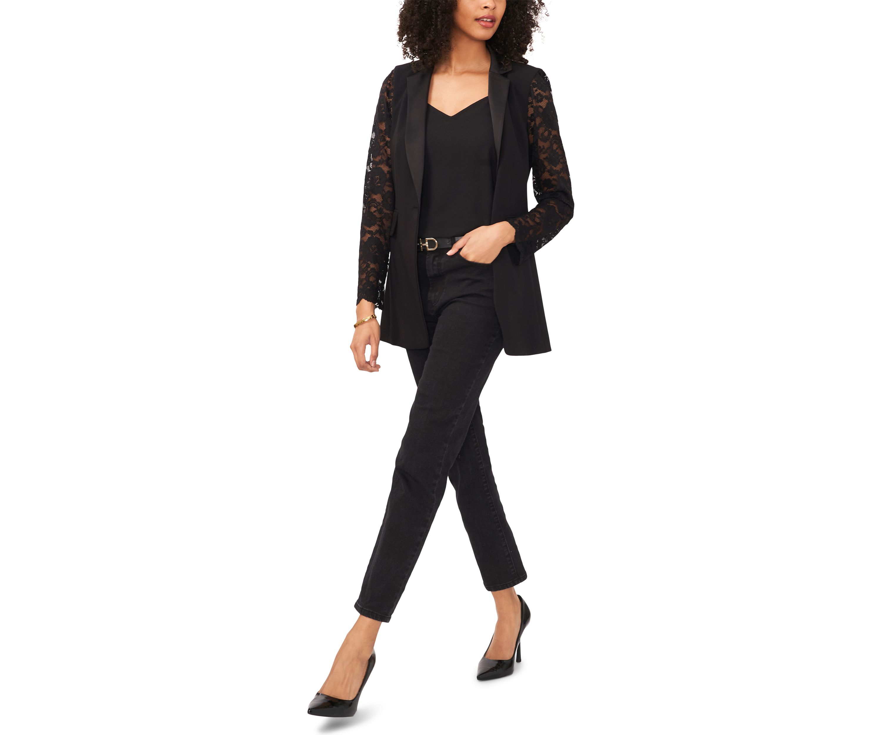 Womens Lace Sleeve Notch Collar Blazer 
