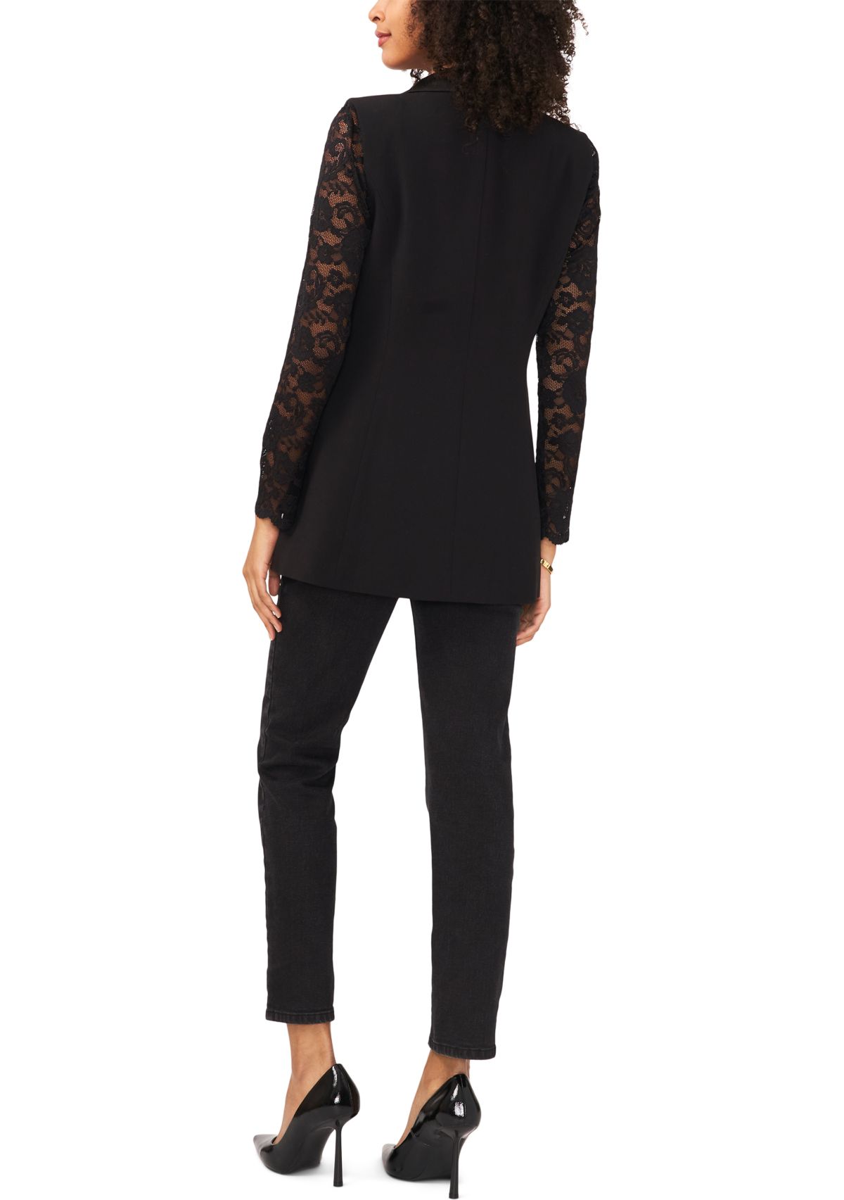 Womens Lace Sleeve Notch Collar Blazer 