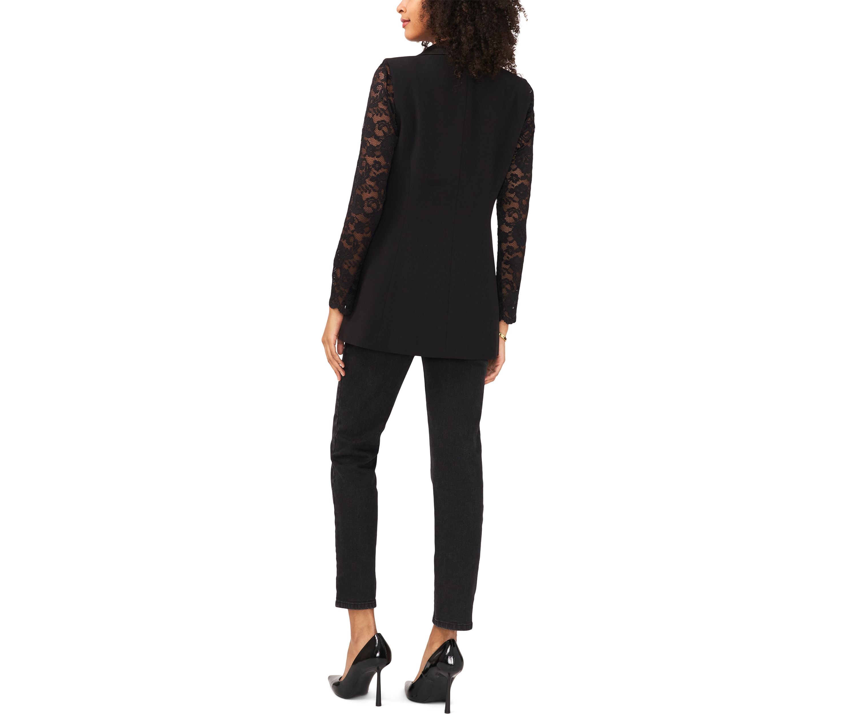 Womens Lace Sleeve Notch Collar Blazer 