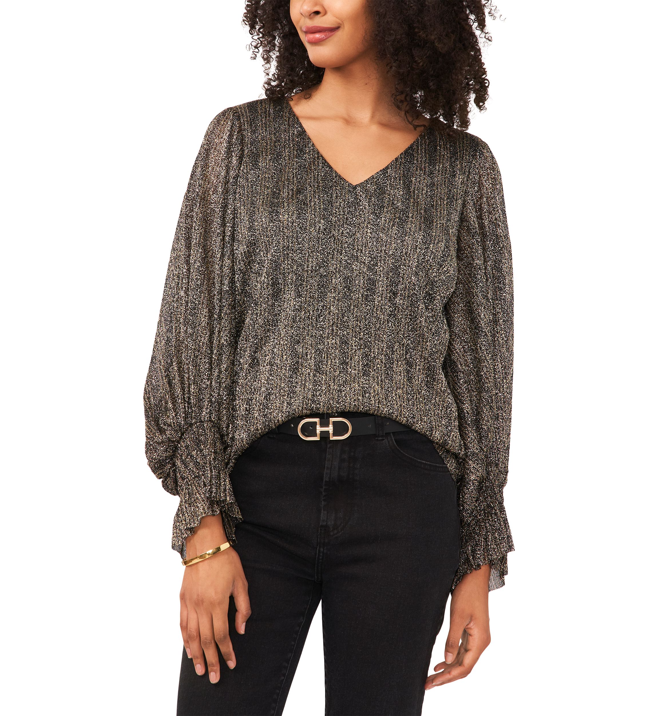 Womens Blouson Sleeve Foil Knit Top 