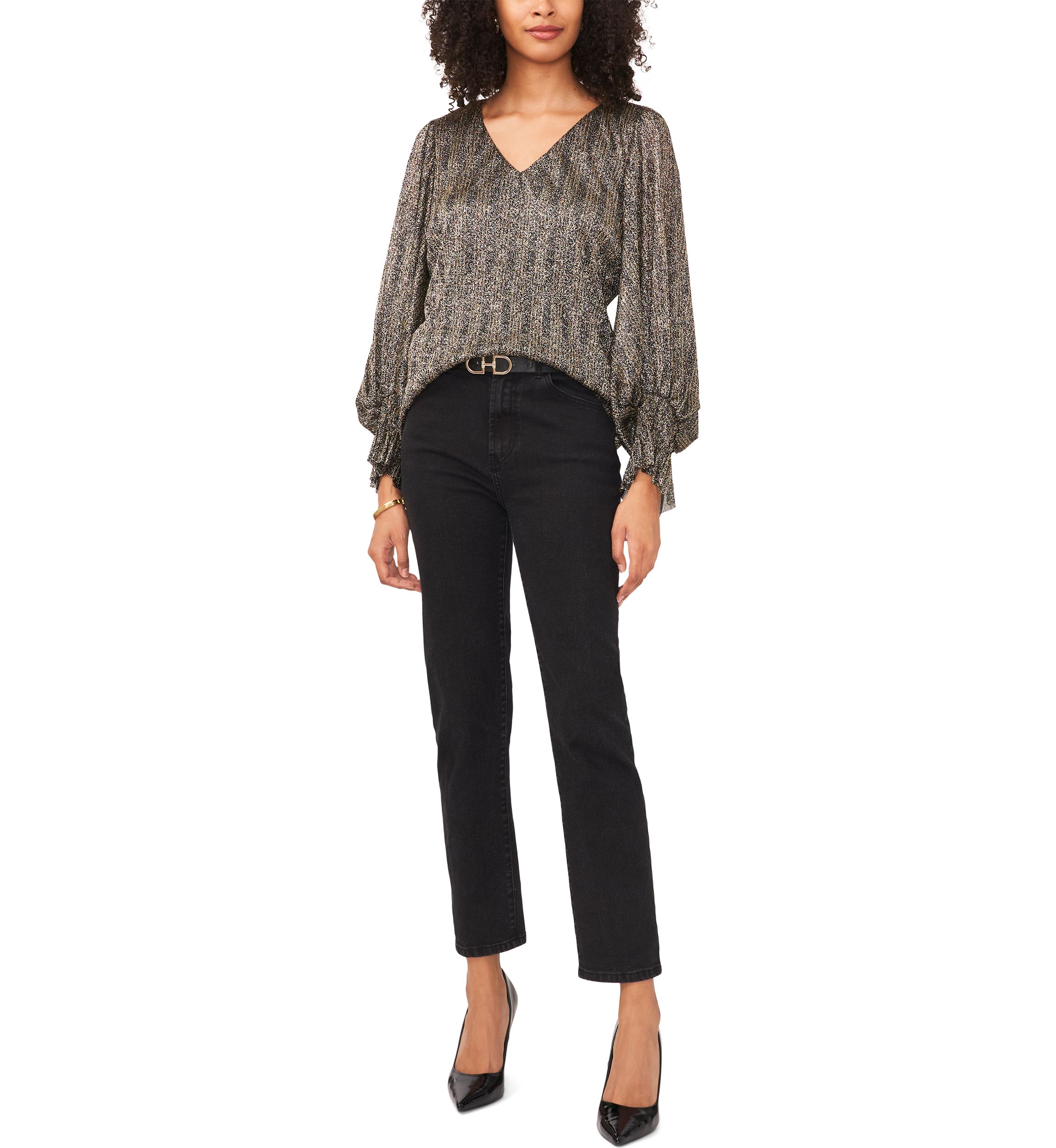 Womens Blouson Sleeve Foil Knit Top 