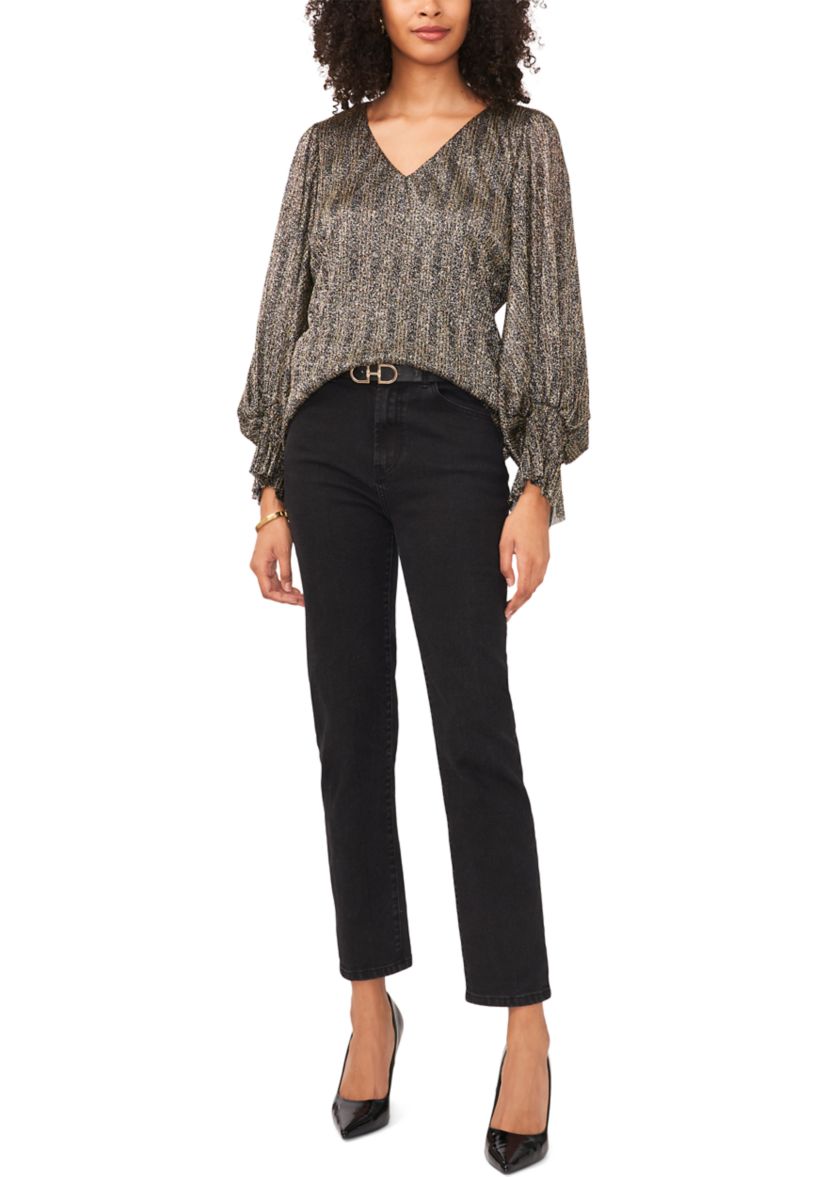 Womens Blouson Sleeve Foil Knit Top 