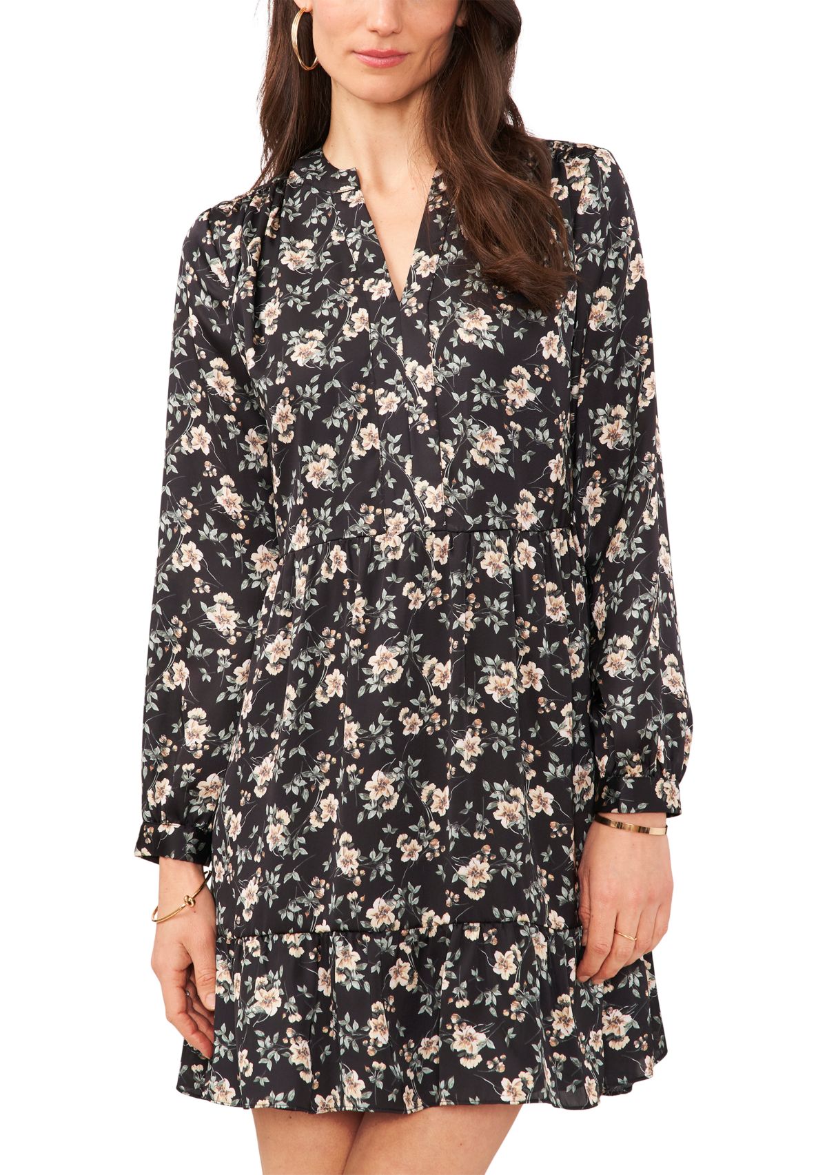 Womens Blouson Sleeve Floral Split Neck Dress