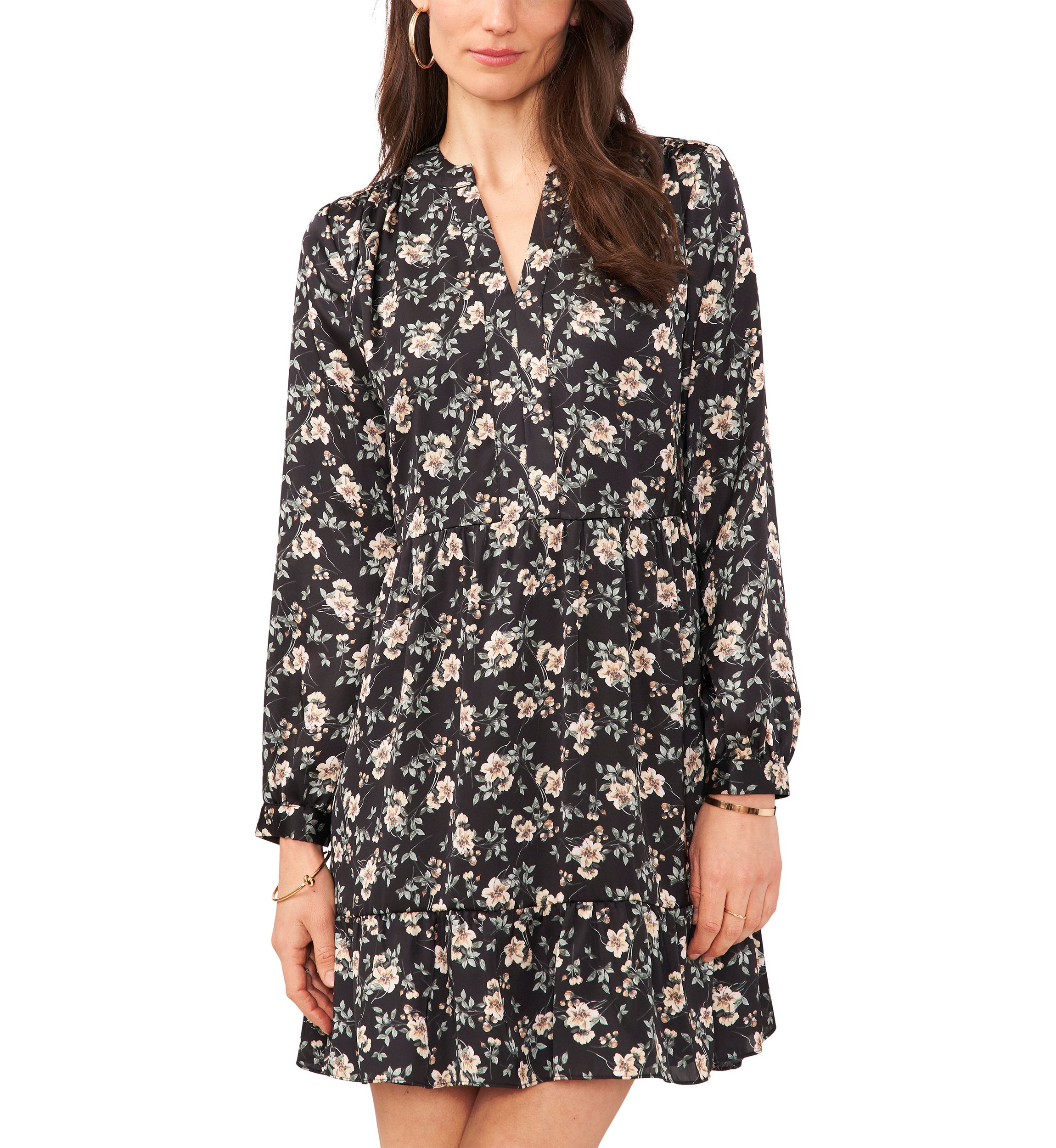 Womens Blouson Sleeve Floral Split Neck Dress