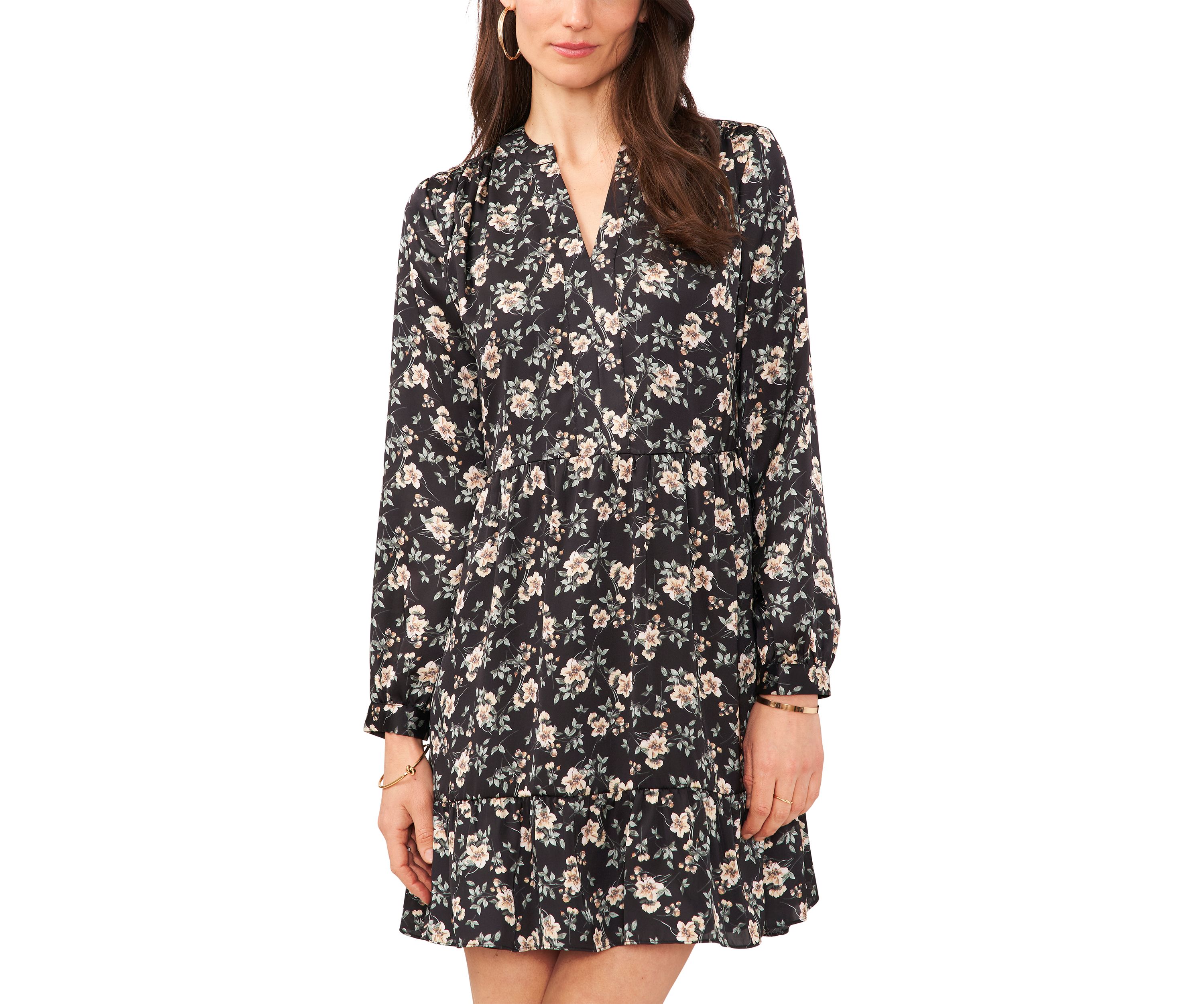 Womens Blouson Sleeve Floral Split Neck Dress
