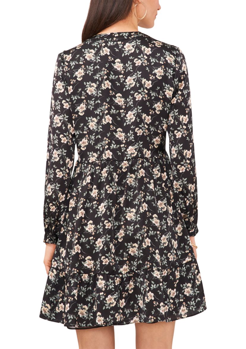 Womens Blouson Sleeve Floral Split Neck Dress