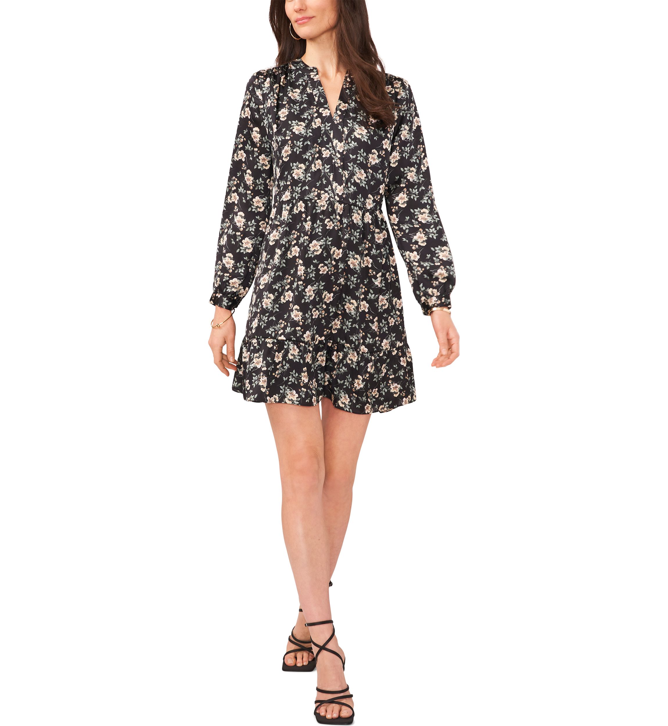 Womens Blouson Sleeve Floral Split Neck Dress