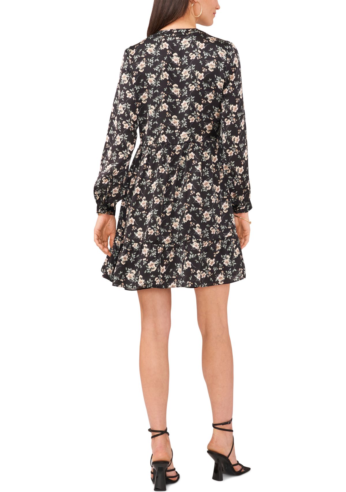 Womens Blouson Sleeve Floral Split Neck Dress