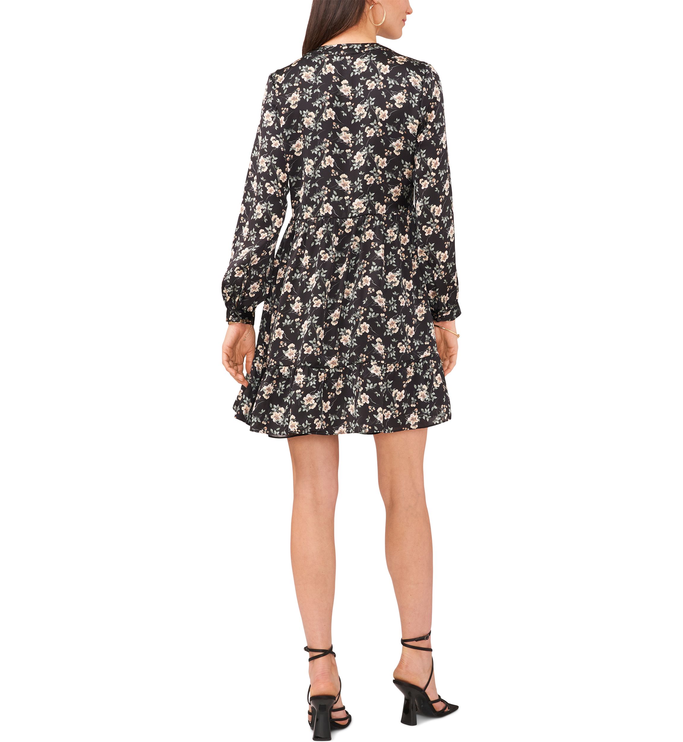 Womens Blouson Sleeve Floral Split Neck Dress