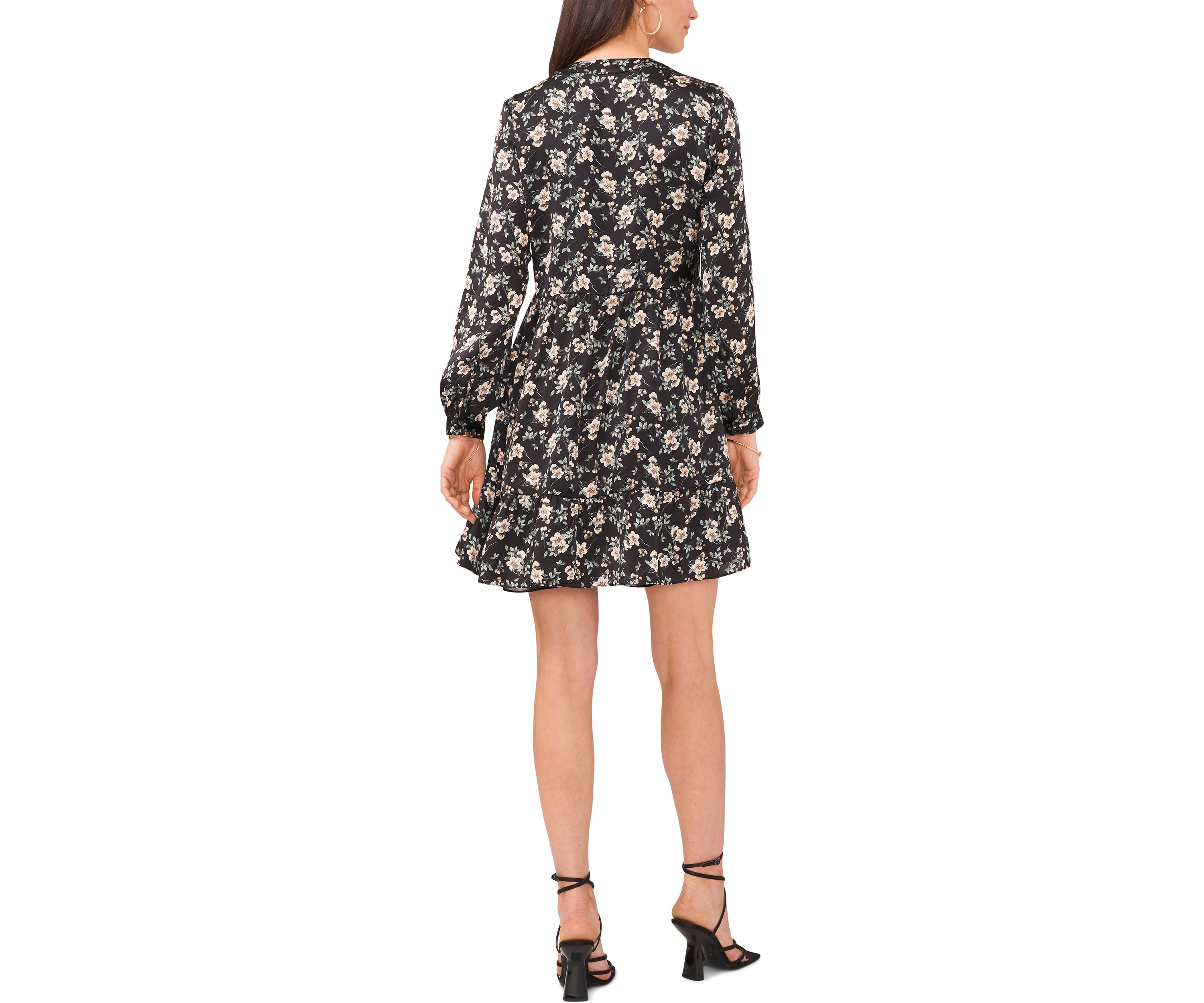 Womens Blouson Sleeve Floral Split Neck Dress