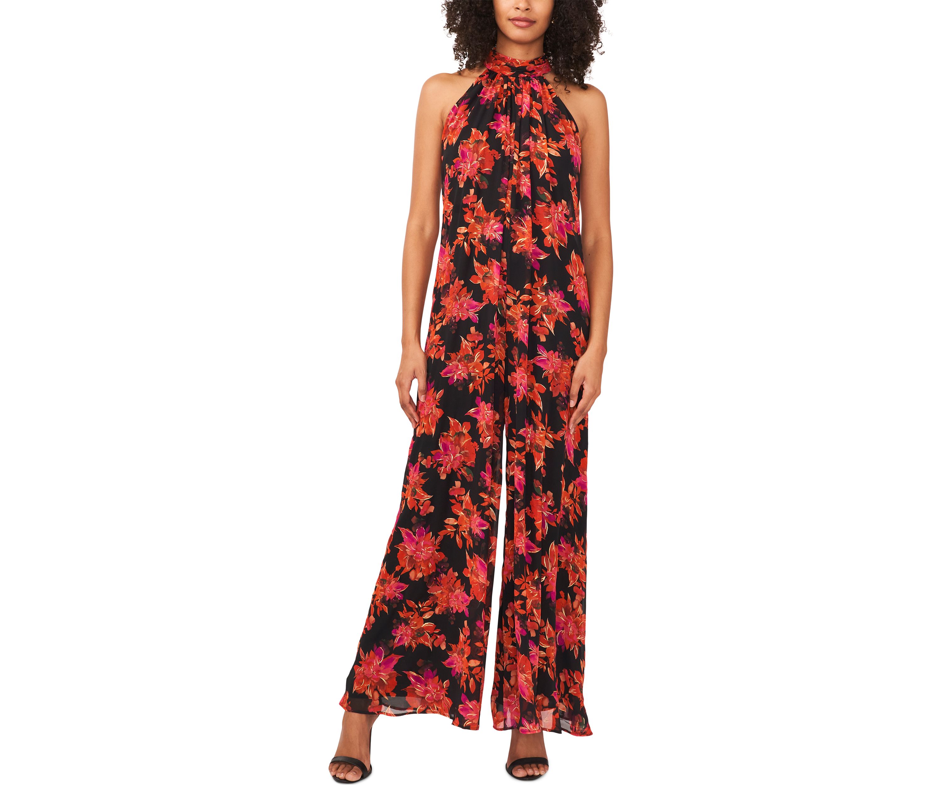 Womens Sleeveless Pleated Floral Halter Jumpsuit 