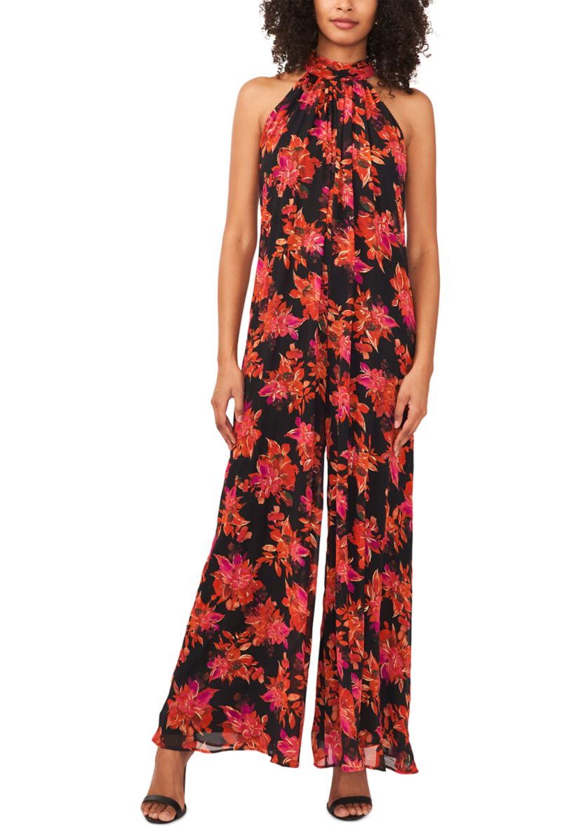 Womens Sleeveless Pleated Floral Halter Jumpsuit 