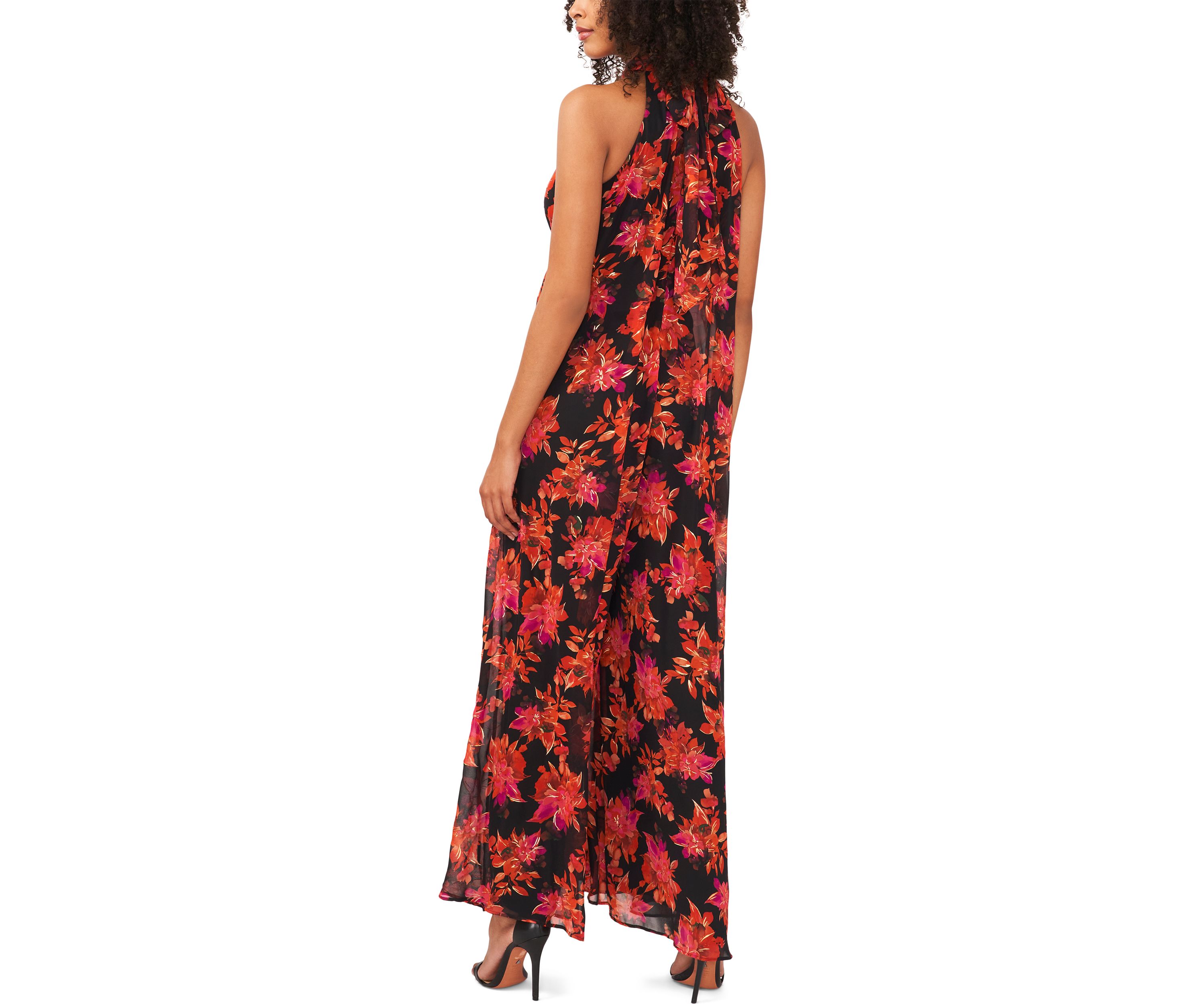 Womens Sleeveless Pleated Floral Halter Jumpsuit 