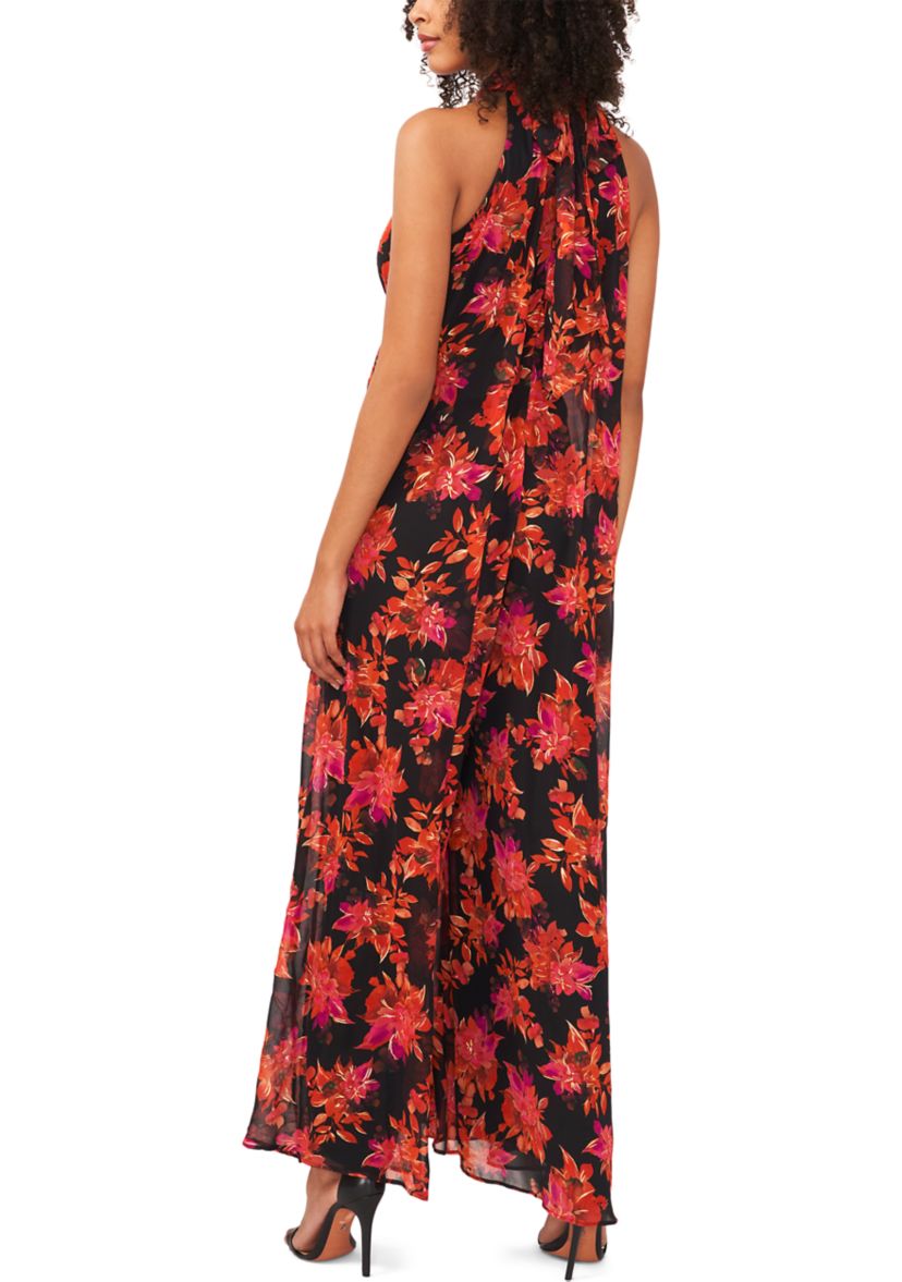 Womens Sleeveless Pleated Floral Halter Jumpsuit 