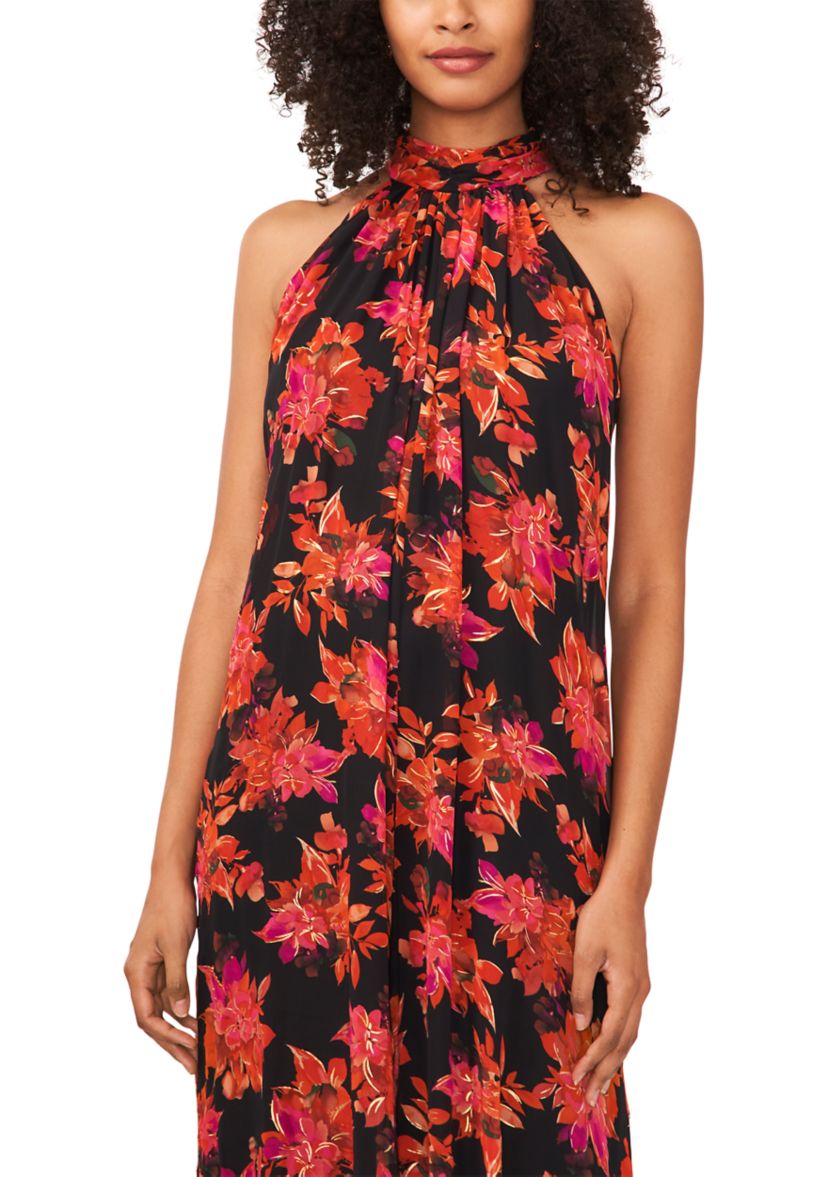 Womens Sleeveless Pleated Floral Halter Jumpsuit 