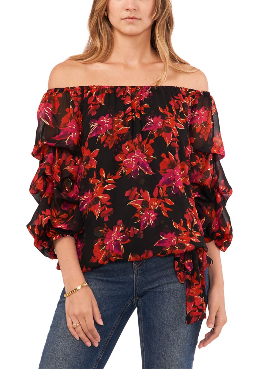 Womens Floral Off-the-Shoulder Cha Cha Sleeve Blouse