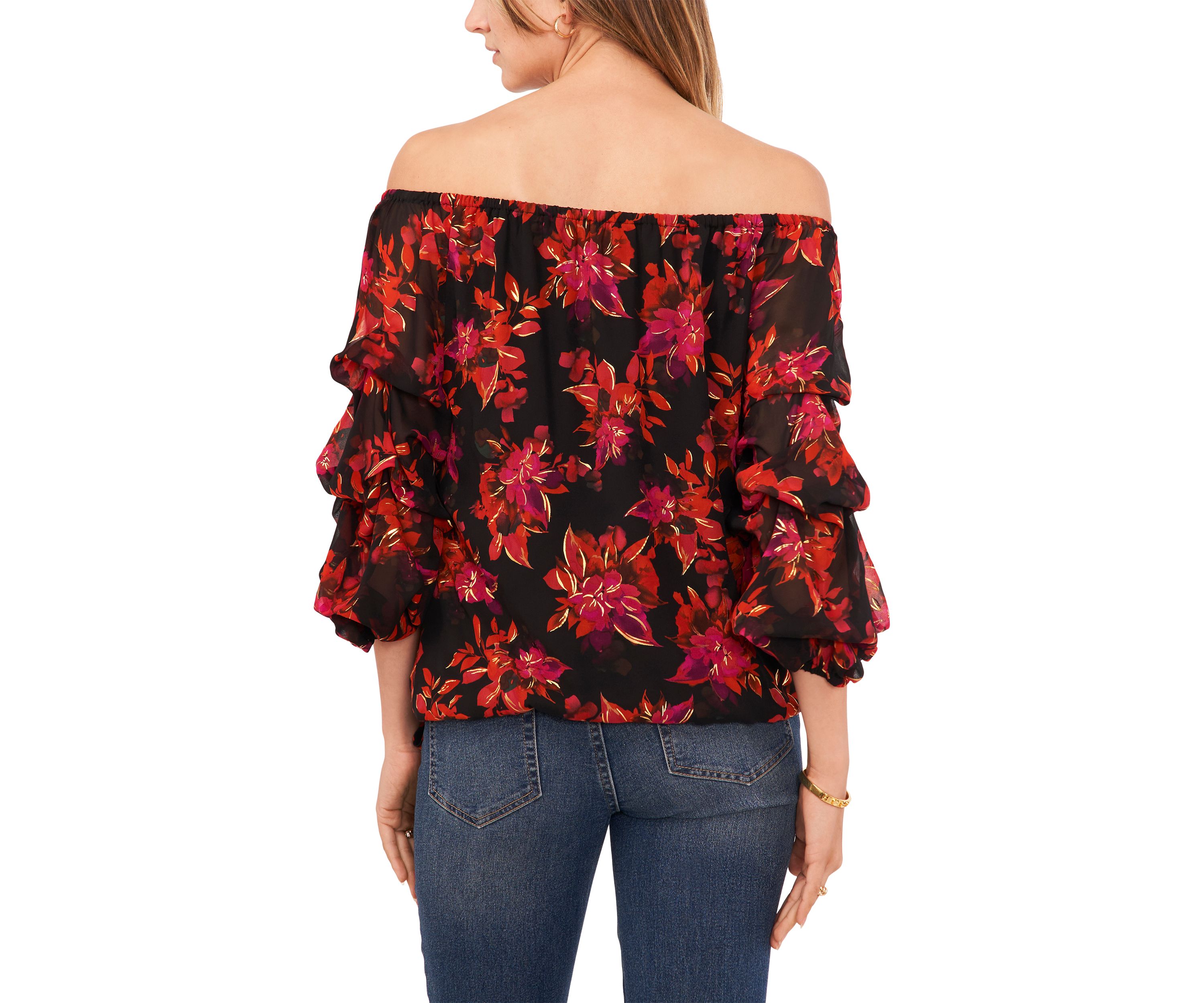 Womens Floral Off-the-Shoulder Cha Cha Sleeve Blouse